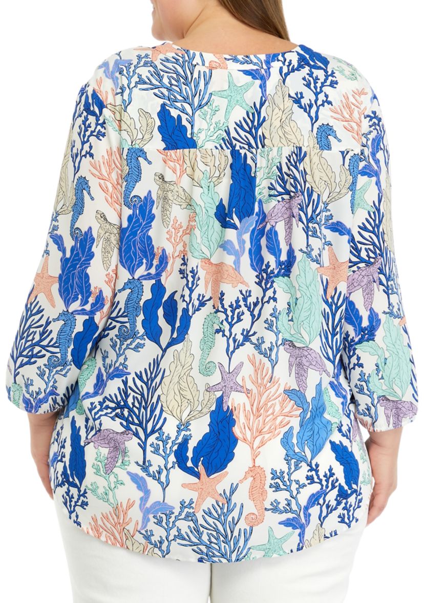 Plus Size 3/4 Sleeve V-Neck Pleat Front Printed Tunic Top