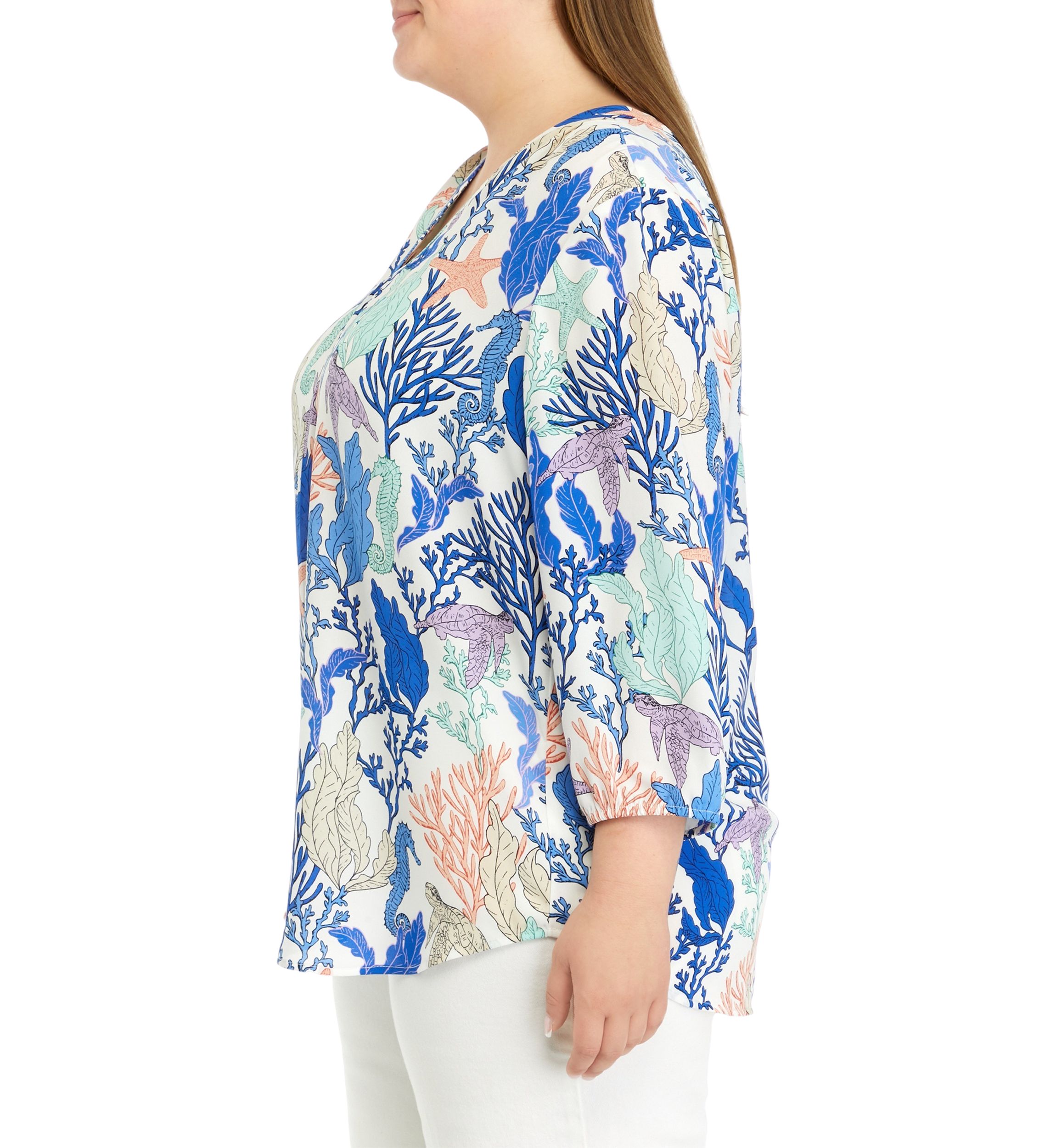 Plus Size 3/4 Sleeve V-Neck Pleat Front Printed Tunic Top