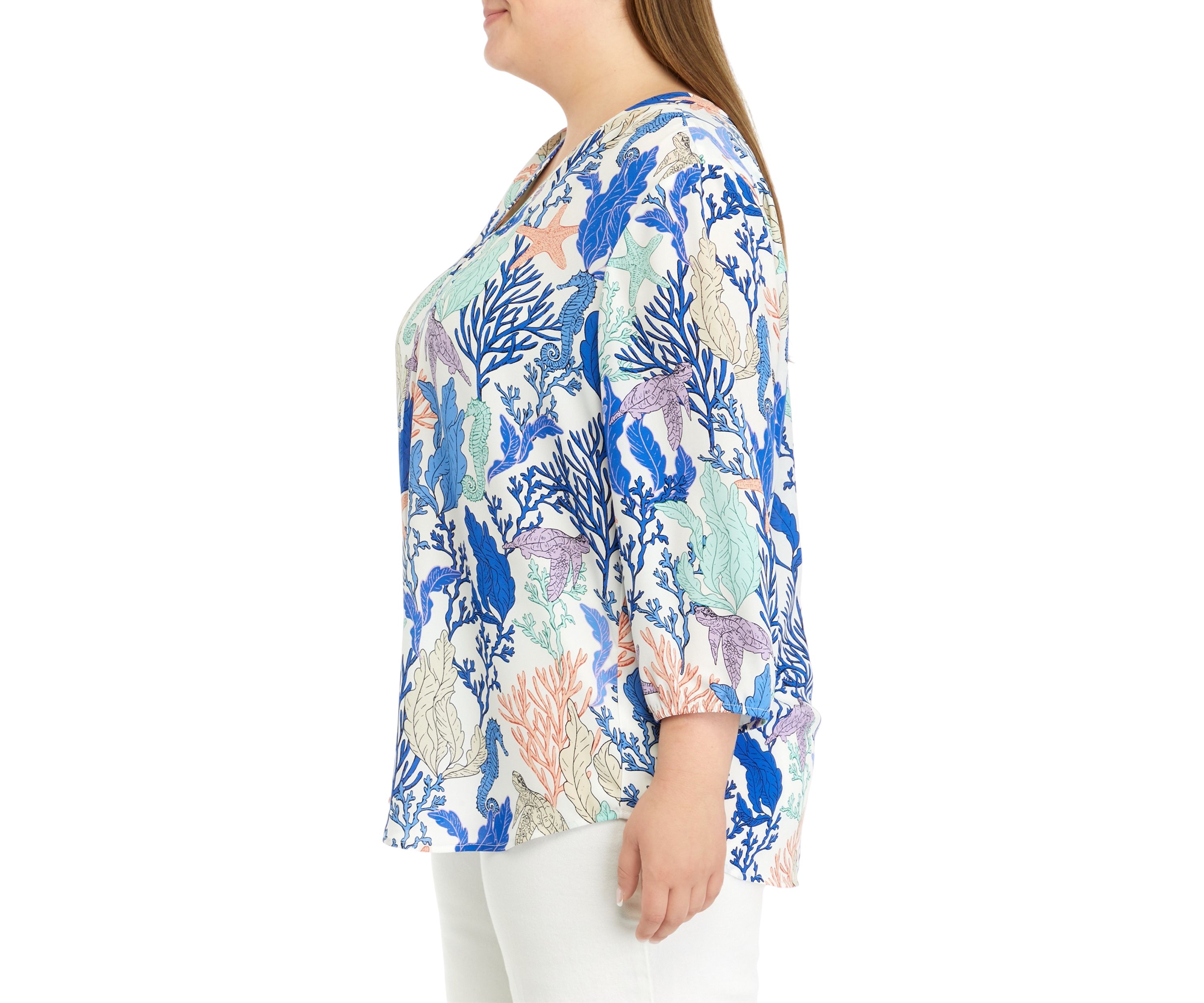 Plus Size 3/4 Sleeve V-Neck Pleat Front Printed Tunic Top