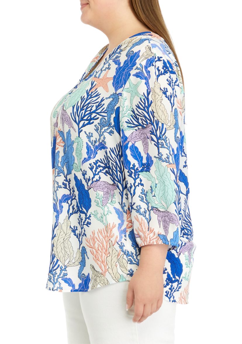 Plus Size 3/4 Sleeve V-Neck Pleat Front Printed Tunic Top