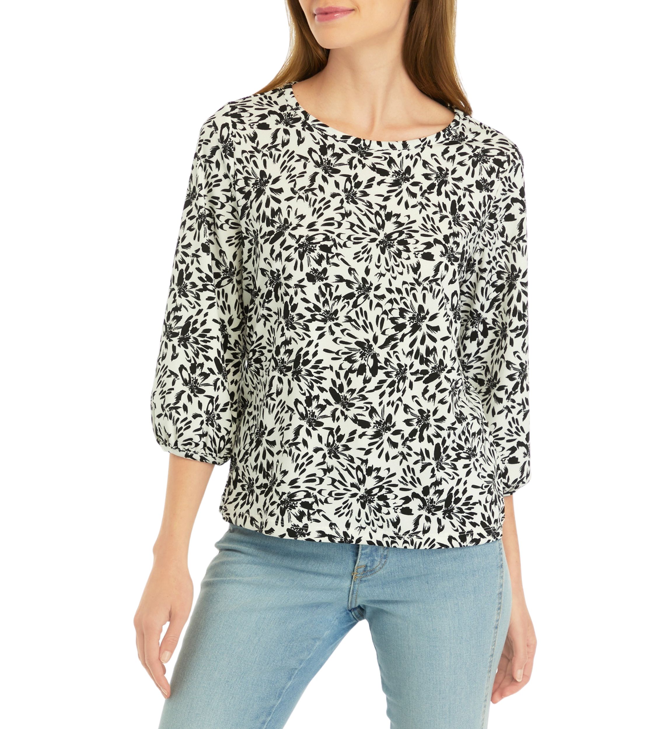 Petite Printed Moss Crepe Crew Neck Top with 3/4 Puff Cuff Sleeves