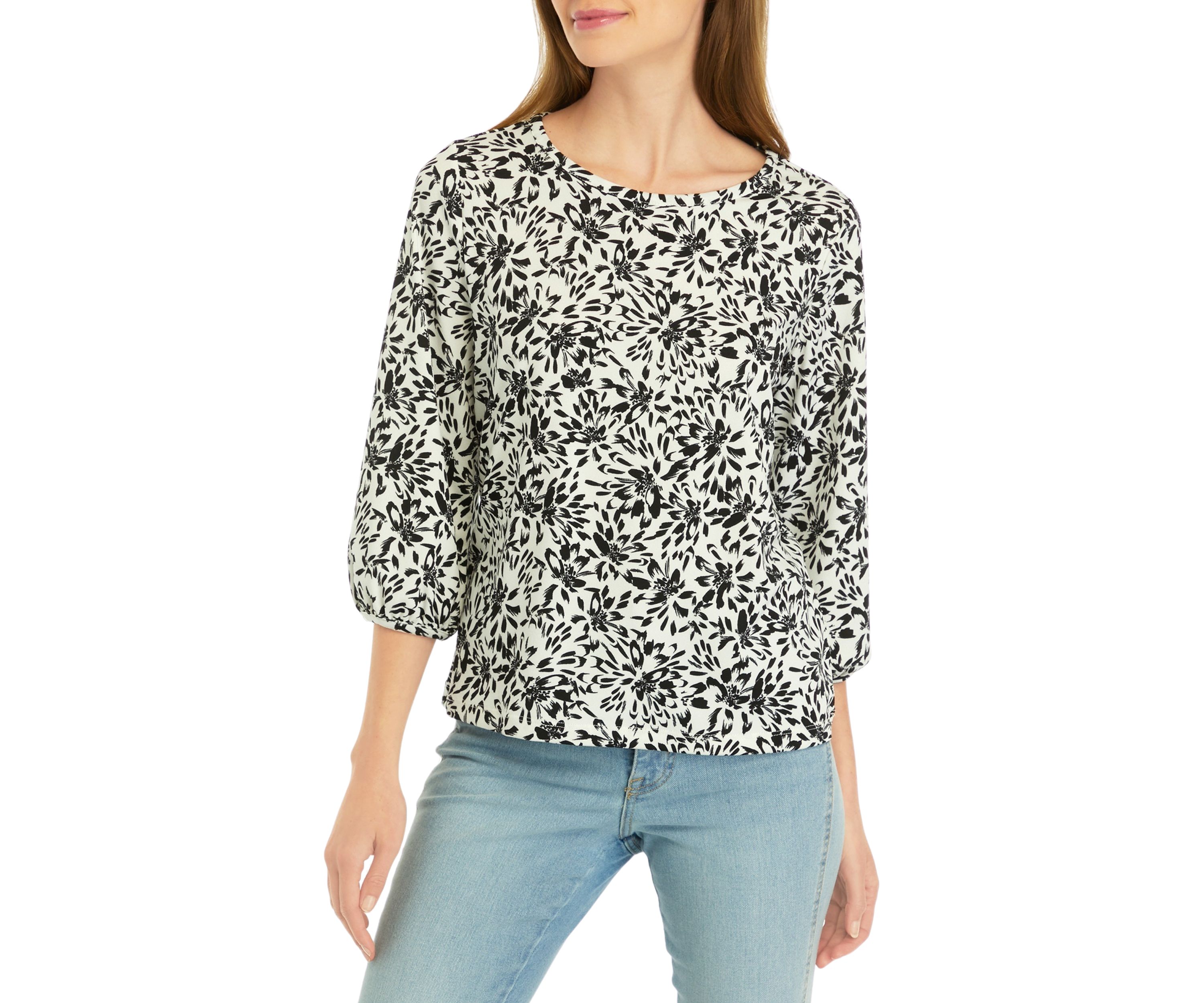 Petite Printed Moss Crepe Crew Neck Top with 3/4 Puff Cuff Sleeves