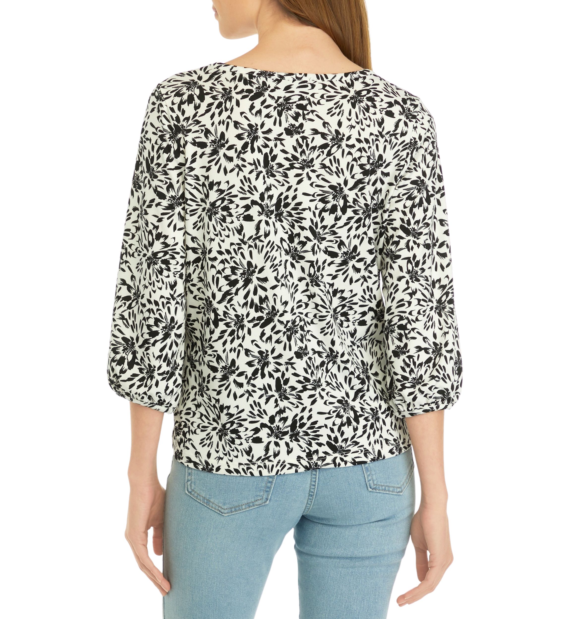 Petite Printed Moss Crepe Crew Neck Top with 3/4 Puff Cuff Sleeves