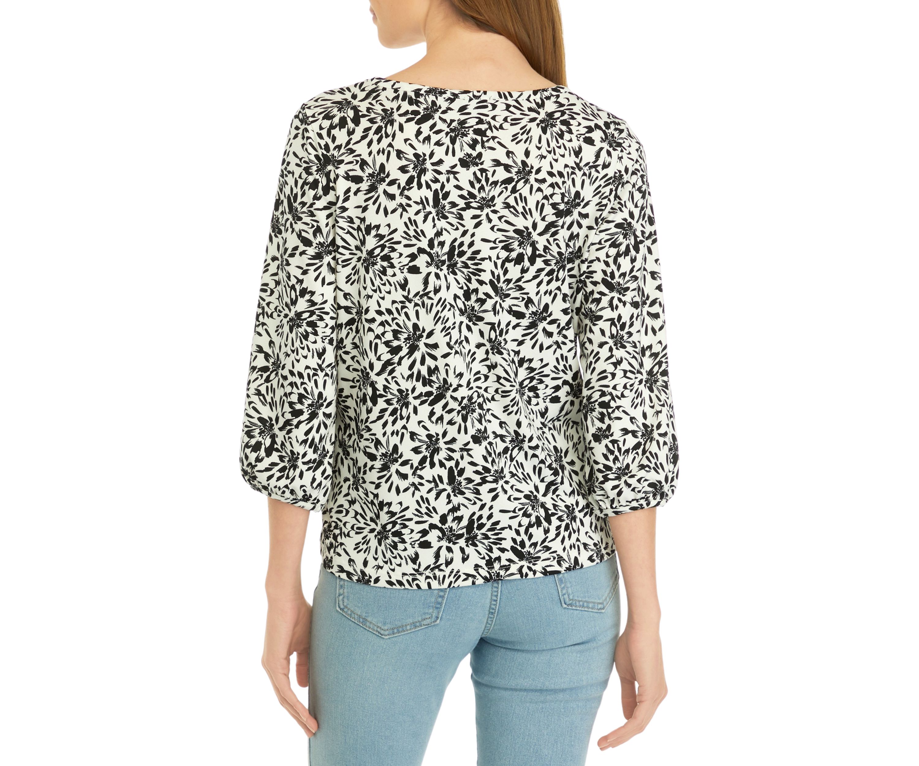 Petite Printed Moss Crepe Crew Neck Top with 3/4 Puff Cuff Sleeves