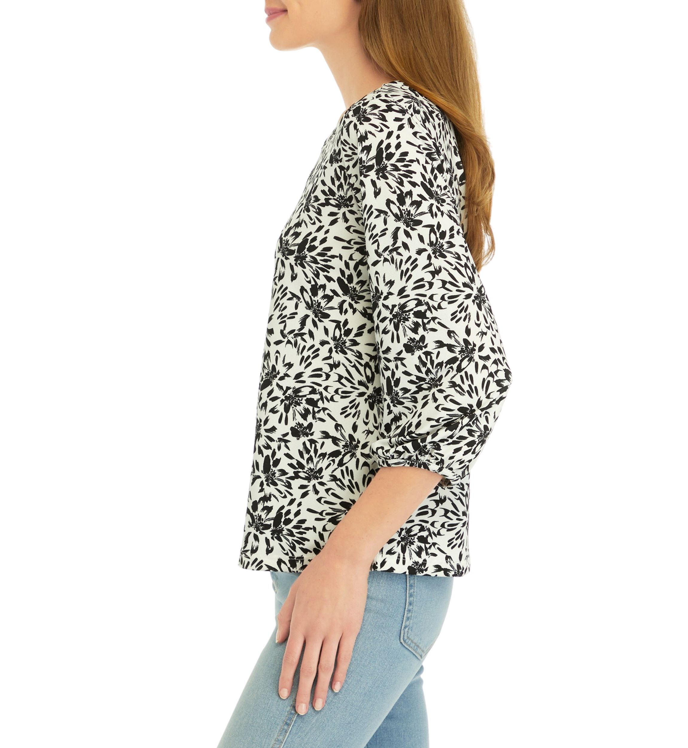 Petite Printed Moss Crepe Crew Neck Top with 3/4 Puff Cuff Sleeves
