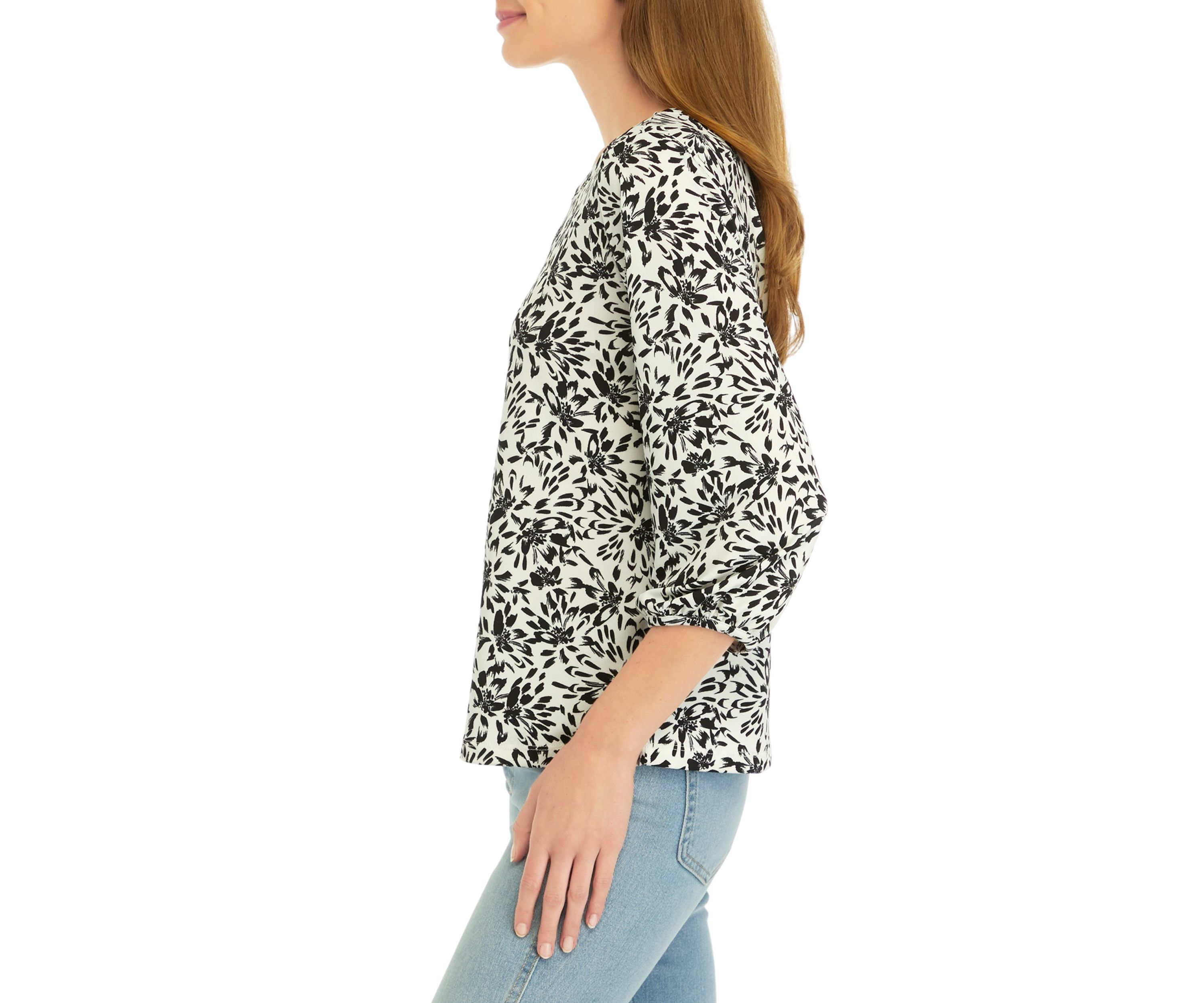 Petite Printed Moss Crepe Crew Neck Top with 3/4 Puff Cuff Sleeves