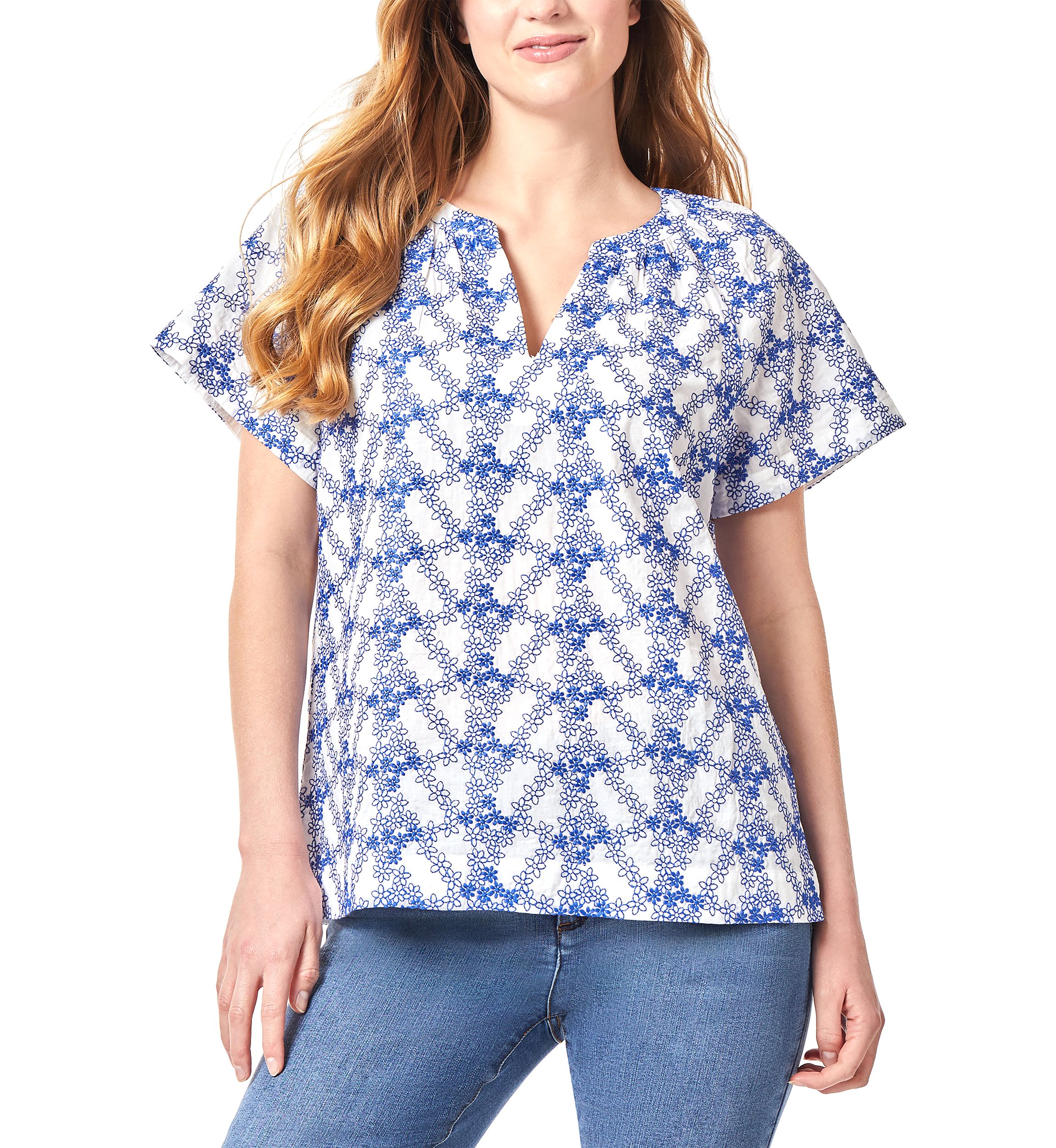 Petite Short Sleeve Popover Shirred Split Neck Blouse