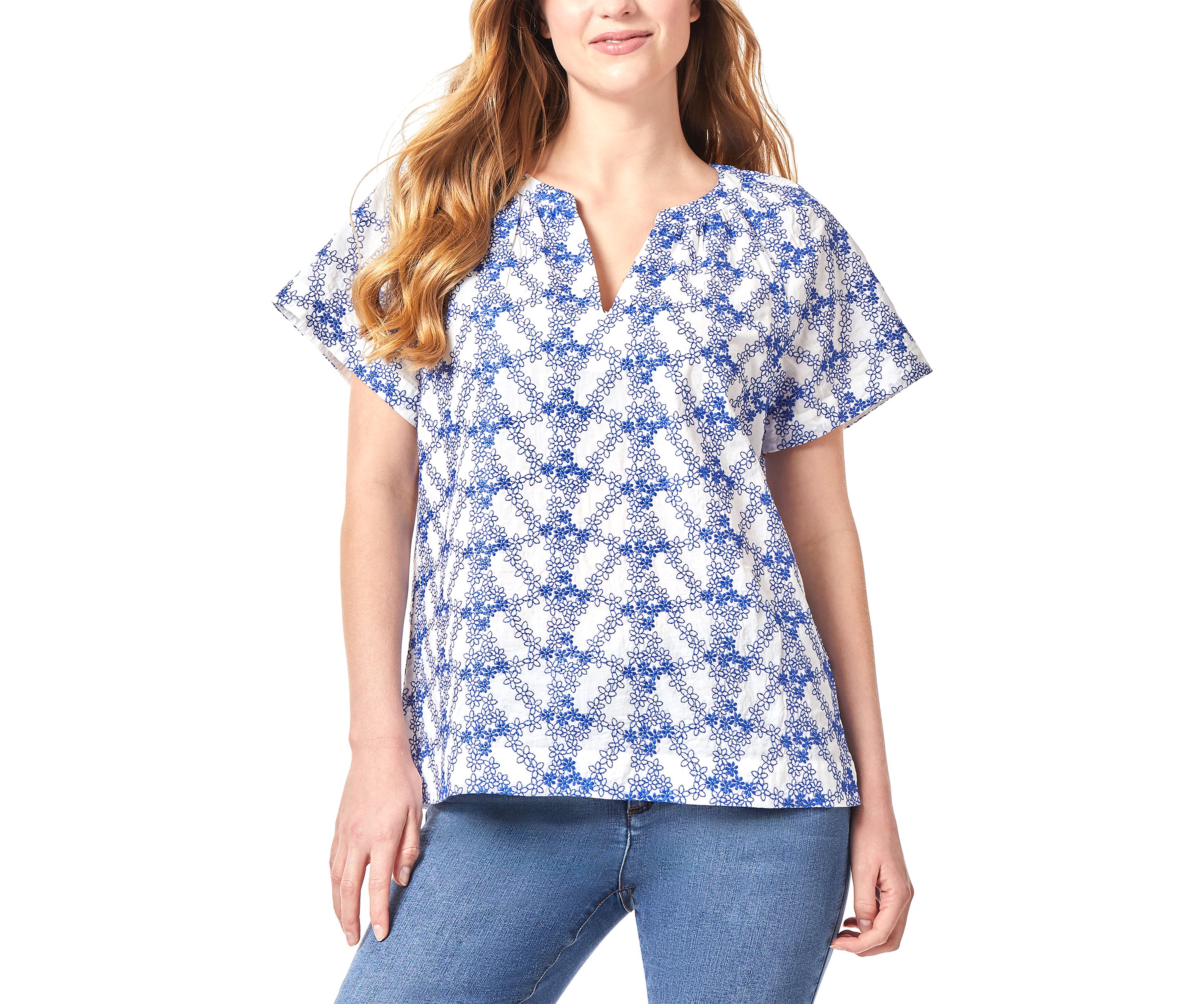 Petite Short Sleeve Popover Shirred Split Neck Blouse