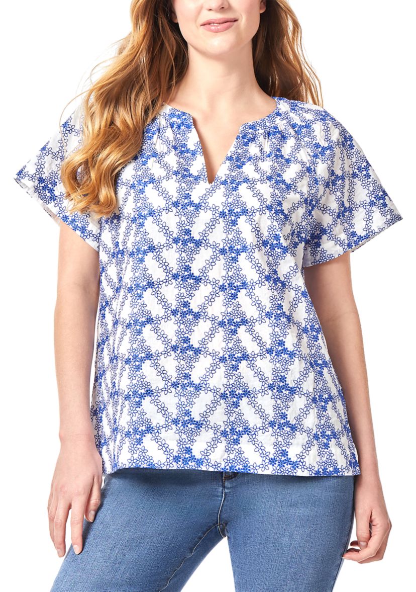 Petite Short Sleeve Popover Shirred Split Neck Blouse