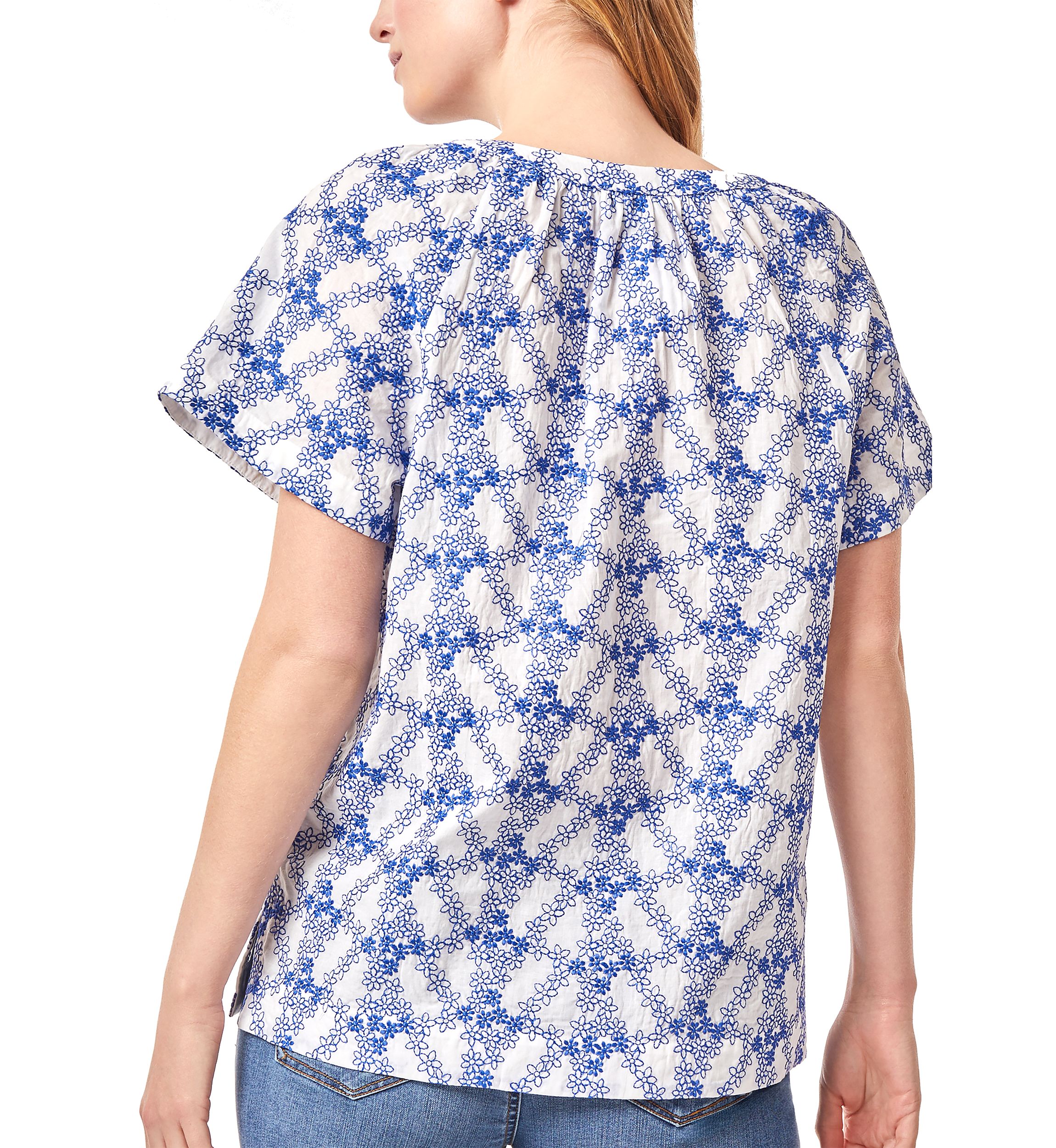 Petite Short Sleeve Popover Shirred Split Neck Blouse