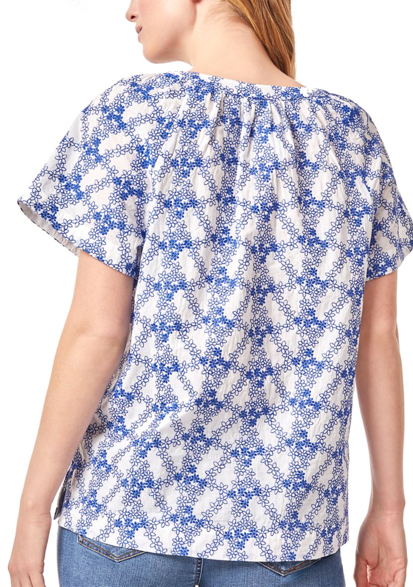 Petite Short Sleeve Popover Shirred Split Neck Blouse