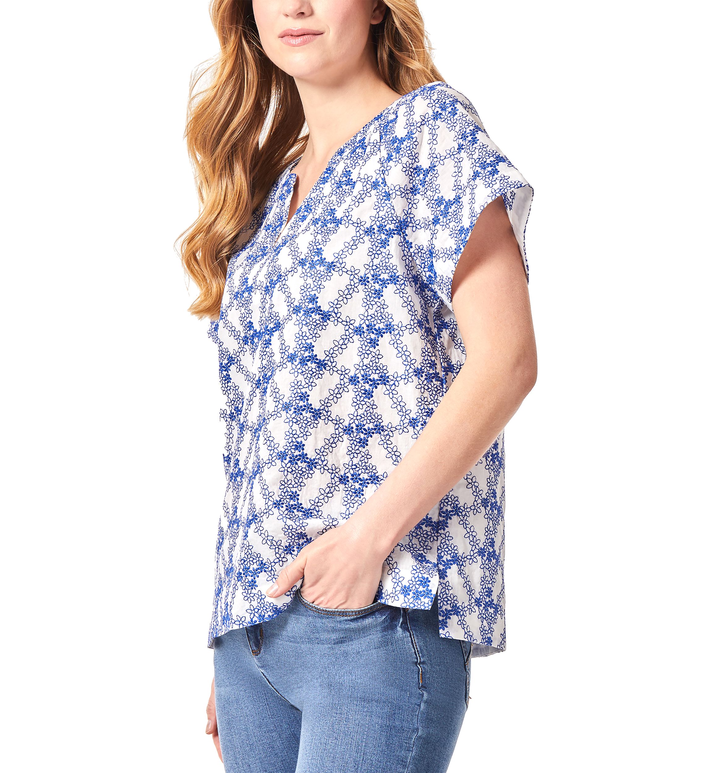 Petite Short Sleeve Popover Shirred Split Neck Blouse