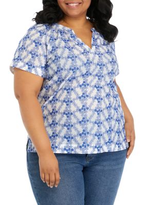 JONES NEW YORK Women's Plus Size Short Sleeve Embroidered Popover Top, 1X