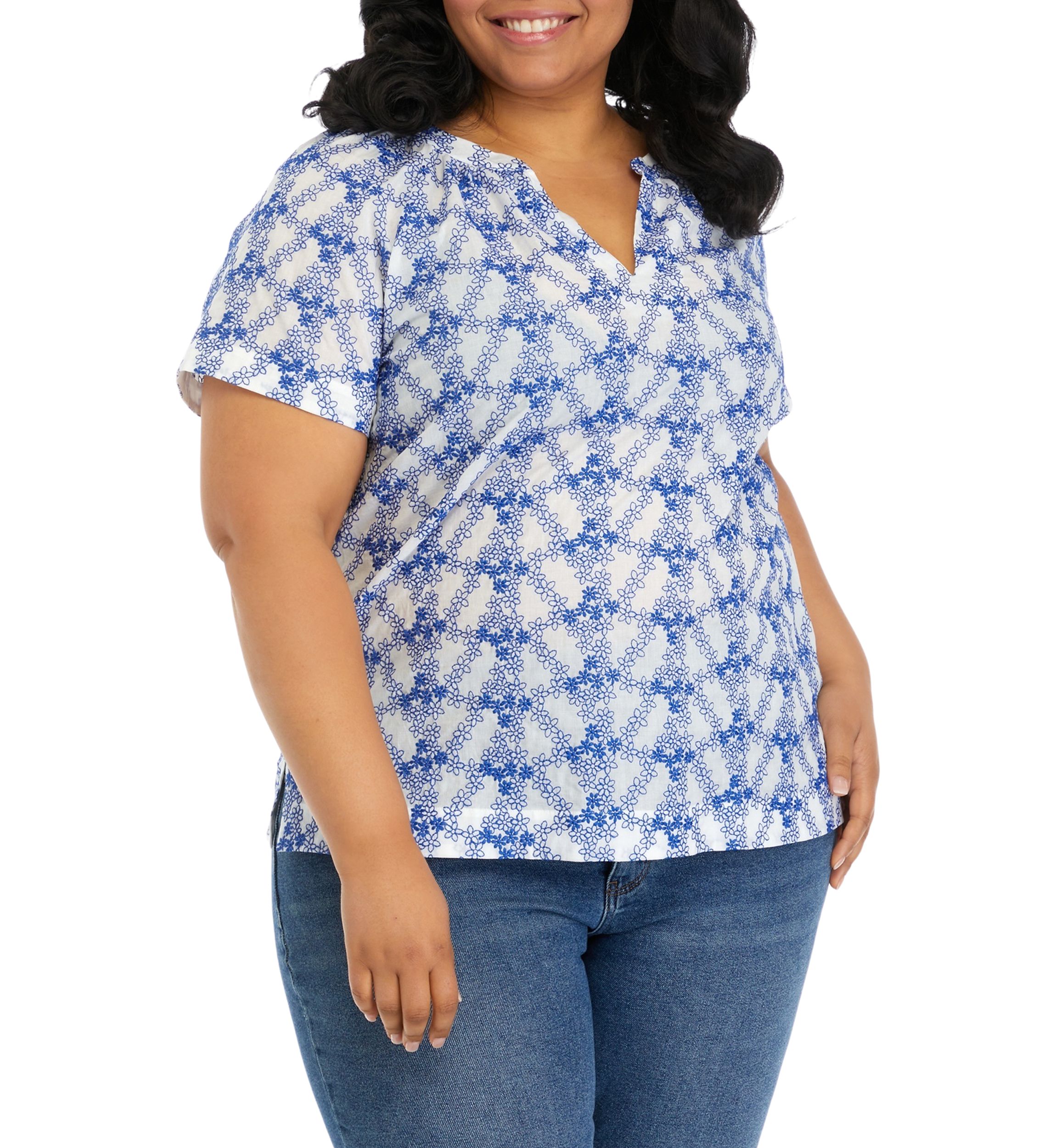 Plus Size Short Sleeve Embroidered Popover Top