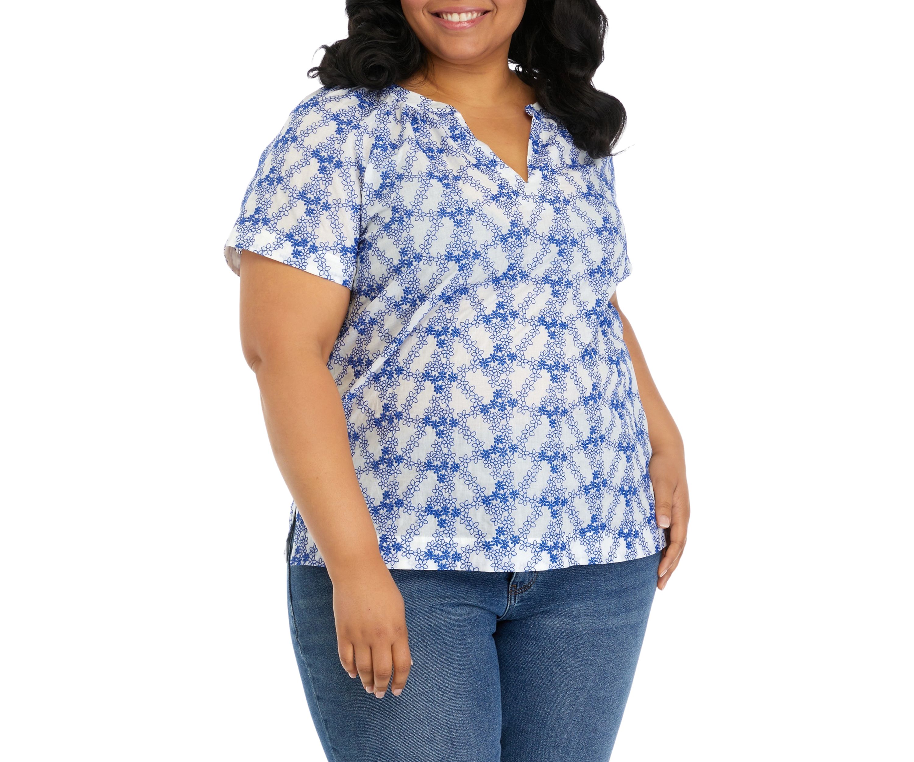 Plus Size Short Sleeve Embroidered Popover Top
