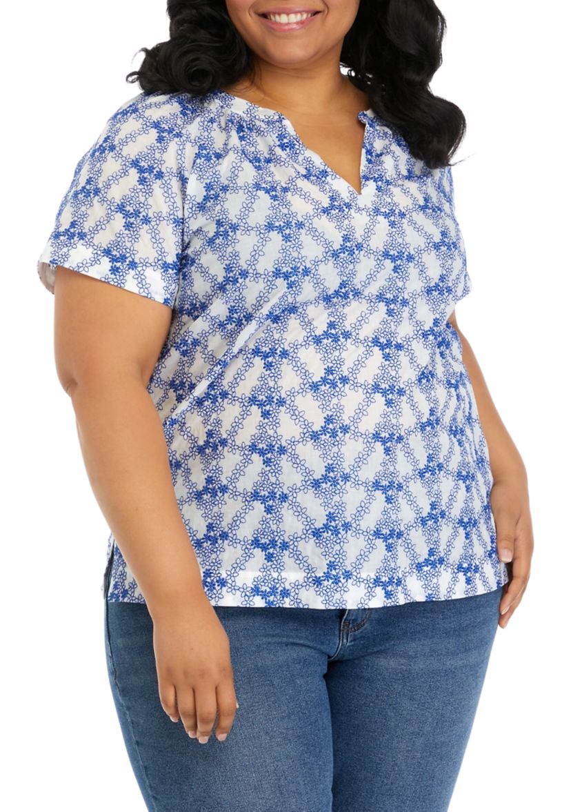 Plus Size Short Sleeve Embroidered Popover Top