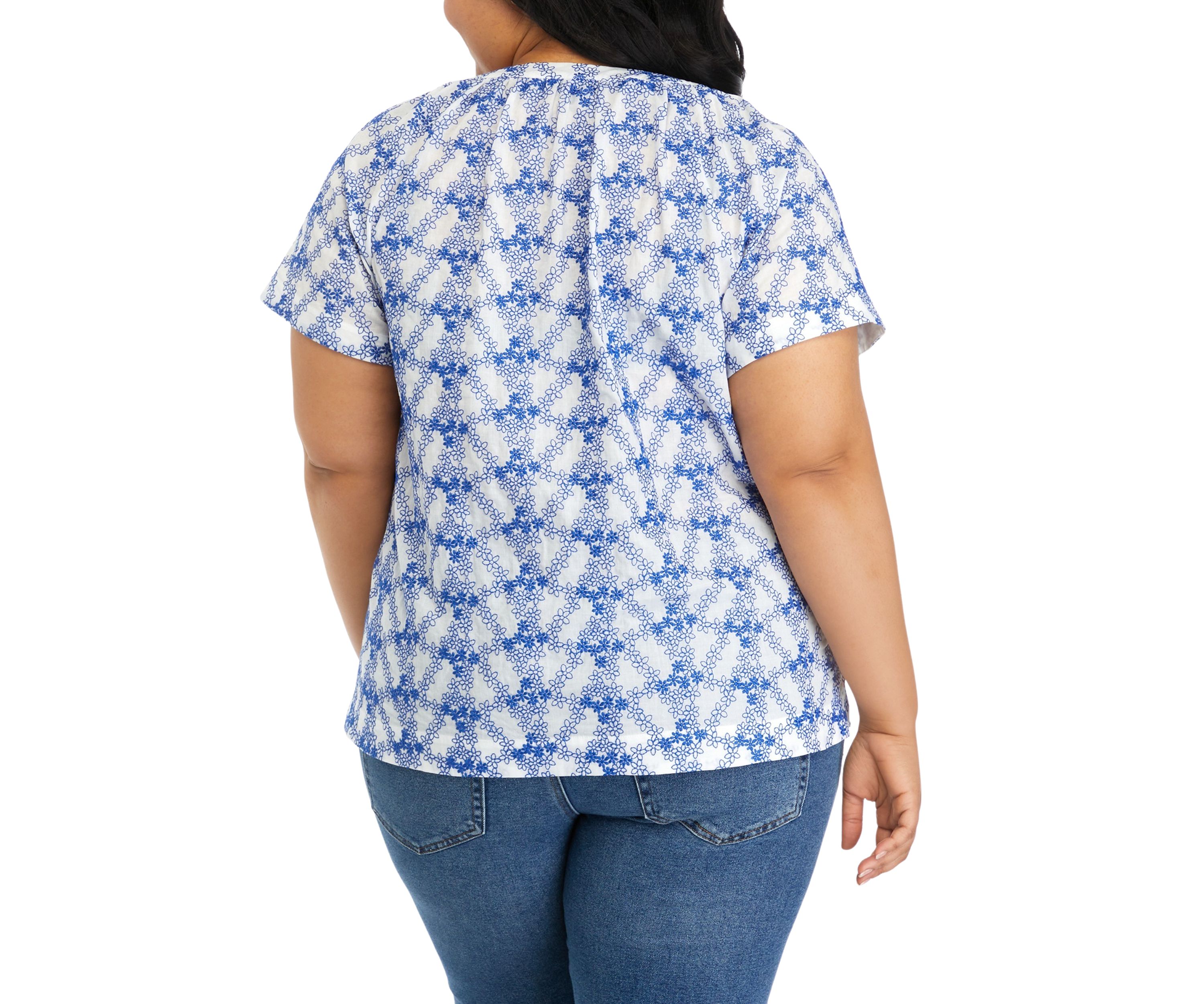 Plus Size Short Sleeve Embroidered Popover Top