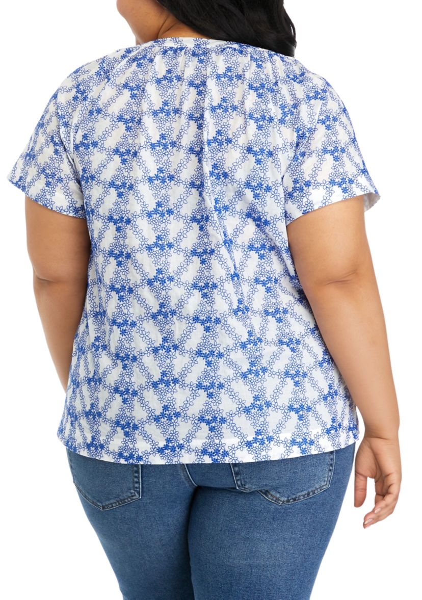 Plus Size Short Sleeve Embroidered Popover Top