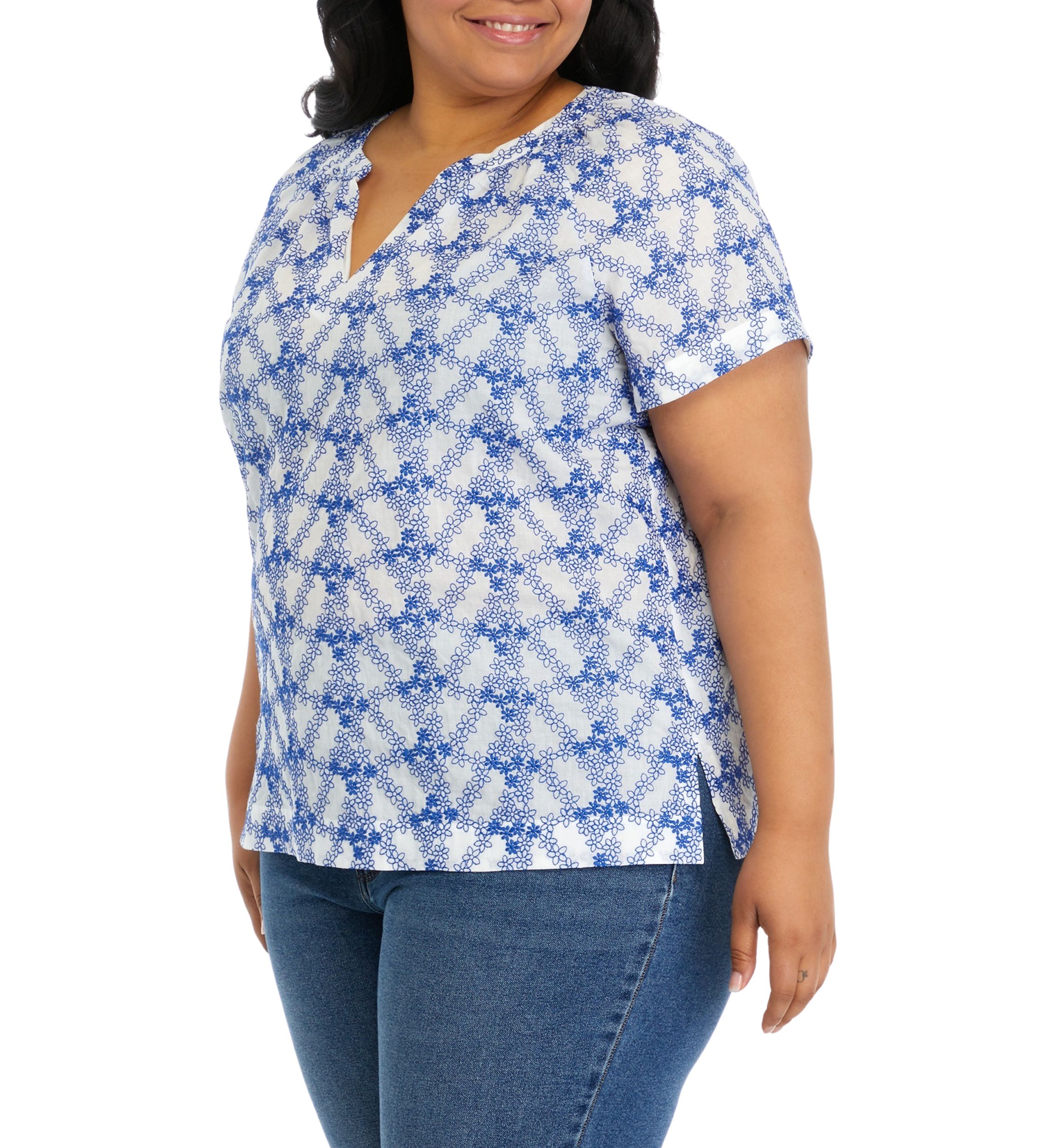 Plus Size Short Sleeve Embroidered Popover Top