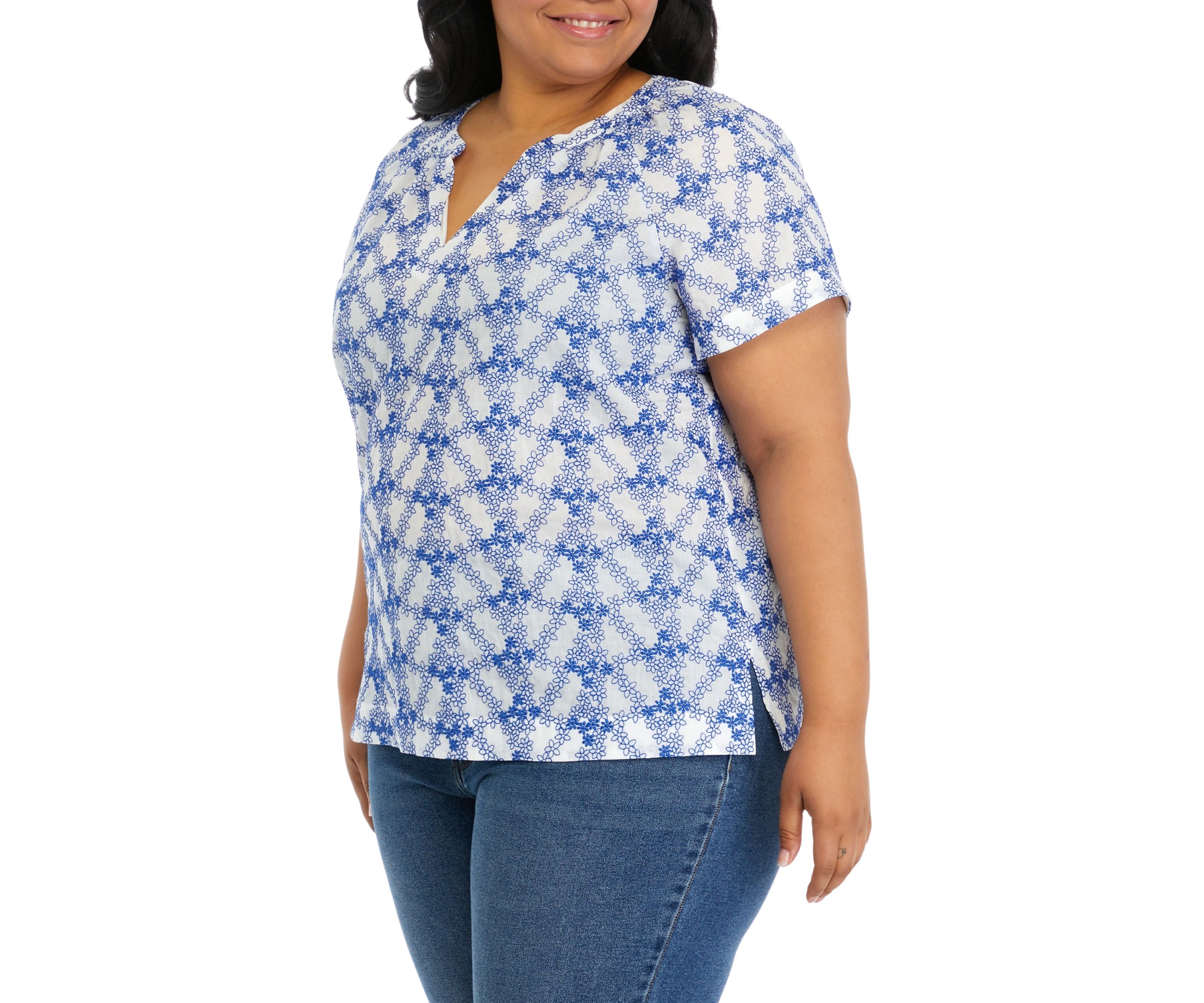 Plus Size Short Sleeve Embroidered Popover Top