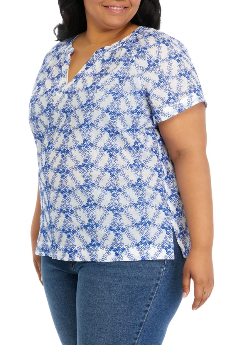 Plus Size Short Sleeve Embroidered Popover Top