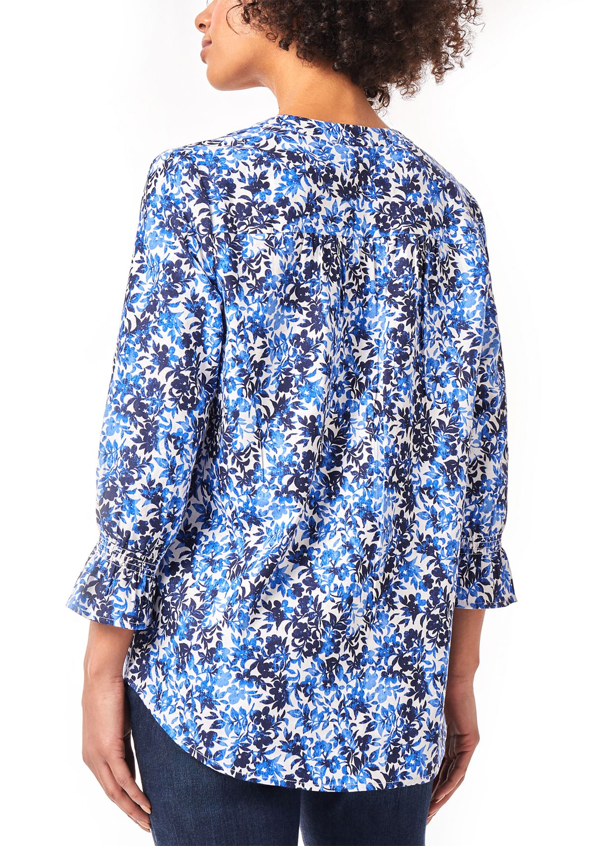 Petite 3/4 Sleeve Printed Pleated Front Blouse with Smocked Cuffs