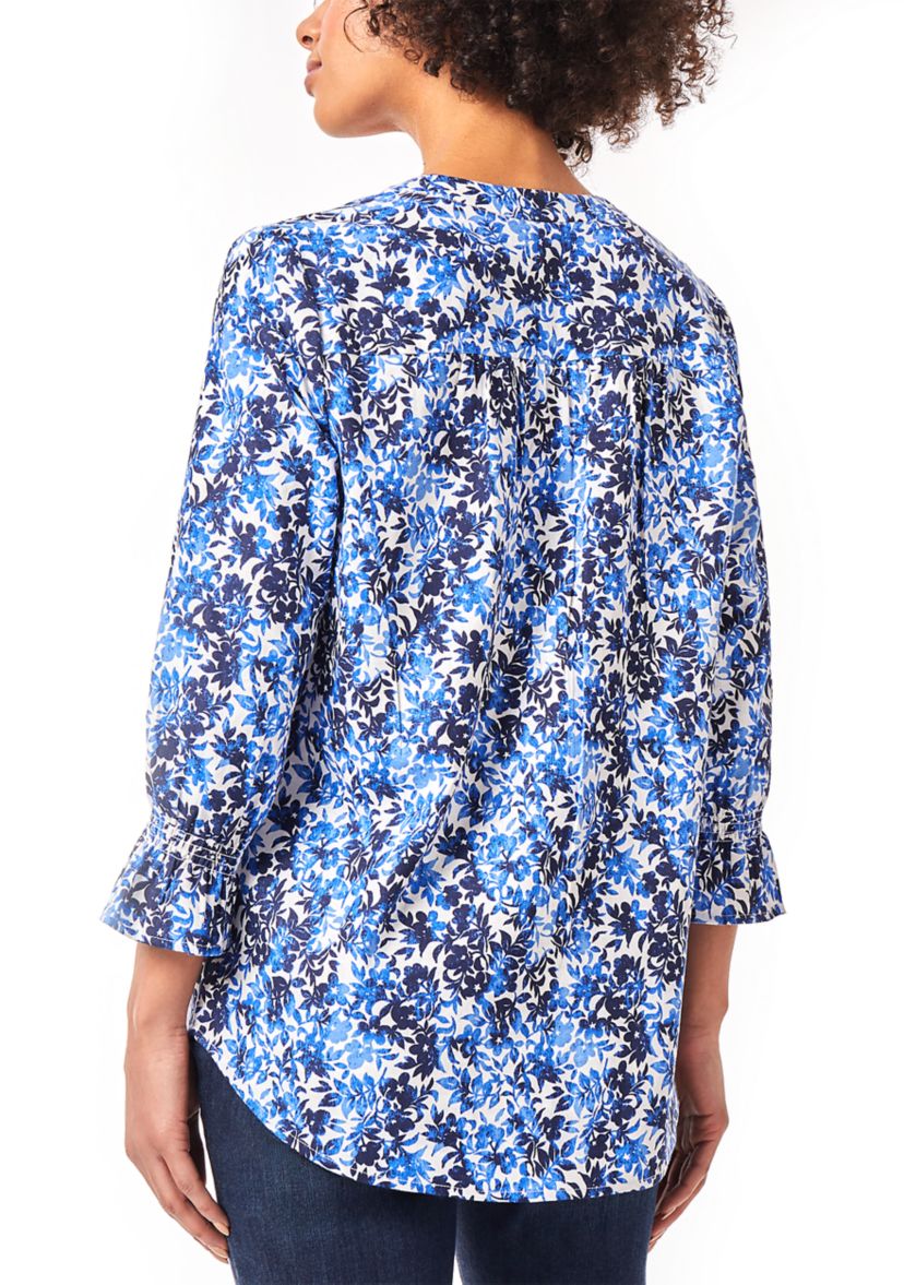 Petite 3/4 Sleeve Printed Pleated Front Blouse with Smocked Cuffs