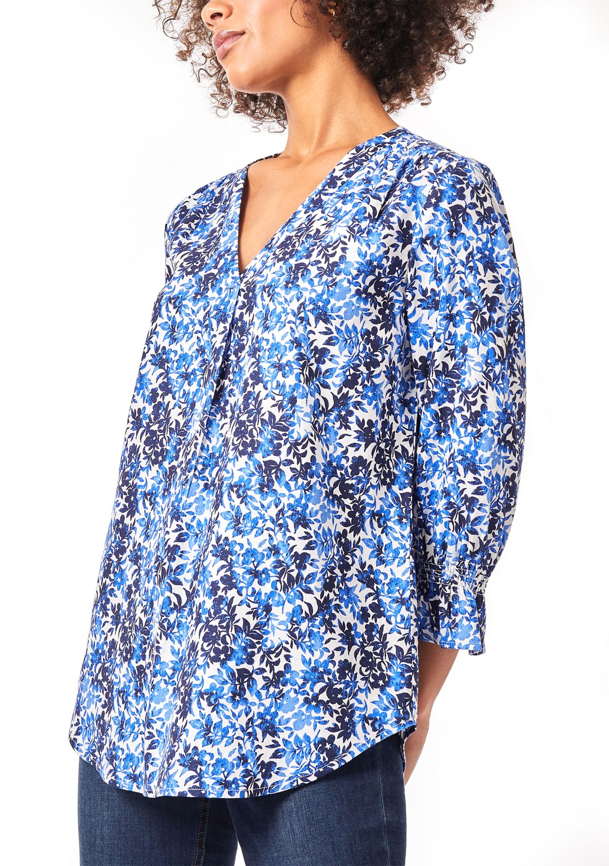 Petite 3/4 Sleeve Printed Pleated Front Blouse with Smocked Cuffs