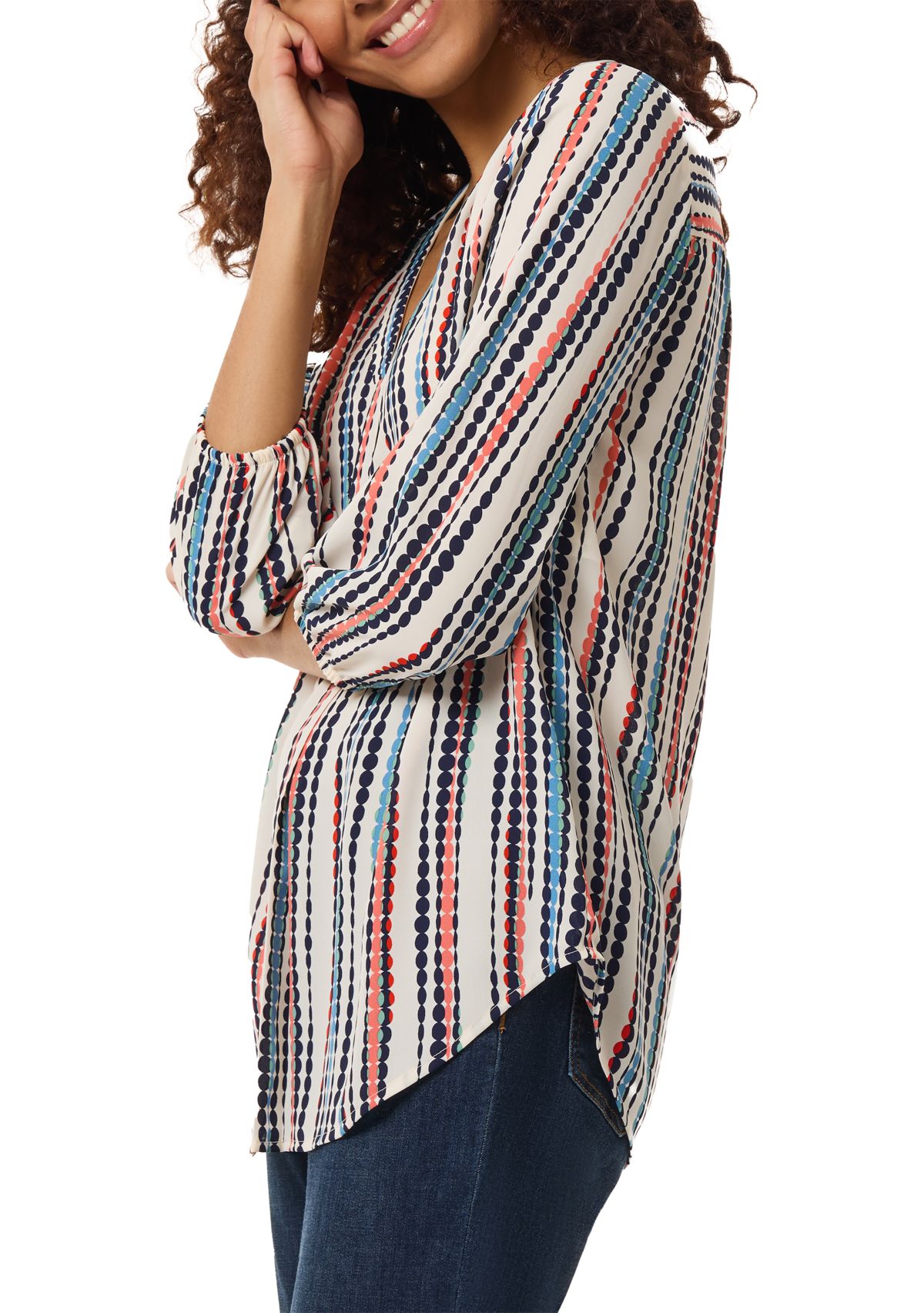 Womens 3/4 Sleeve Printed V-Neck Blouse