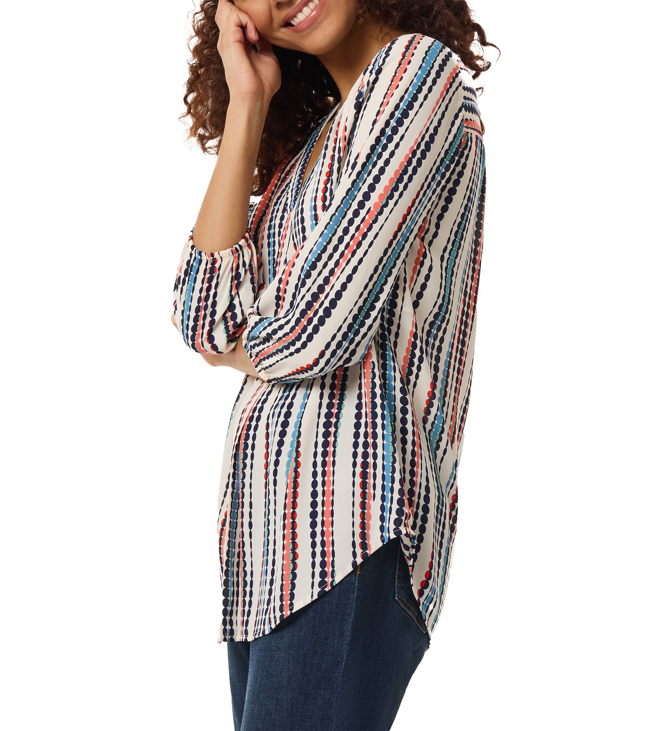 Womens 3/4 Sleeve Printed V-Neck Blouse