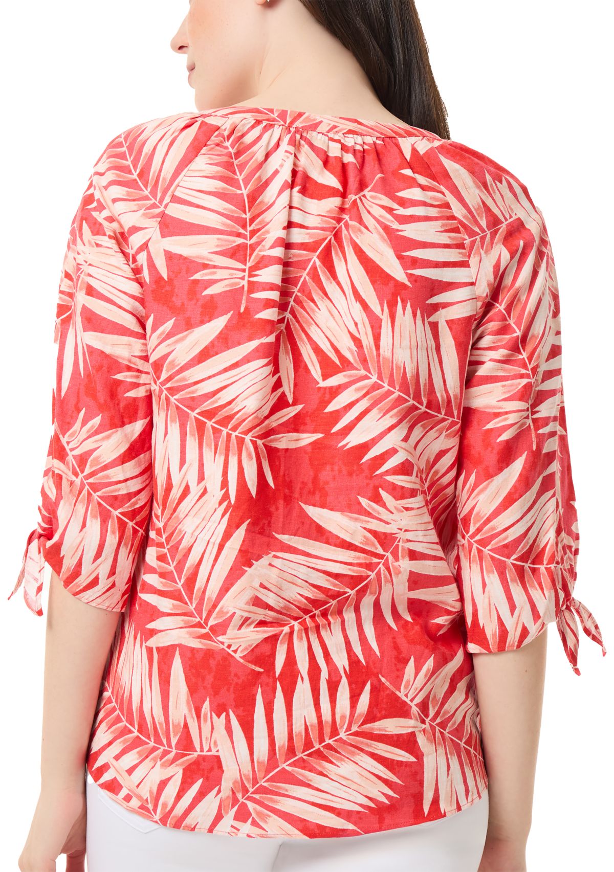 Womens Elbow Tie Sleeve Printed Linen Blouse 