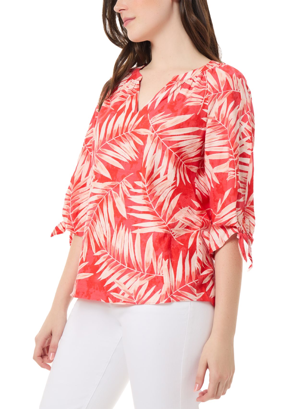 Womens Elbow Tie Sleeve Printed Linen Blouse 