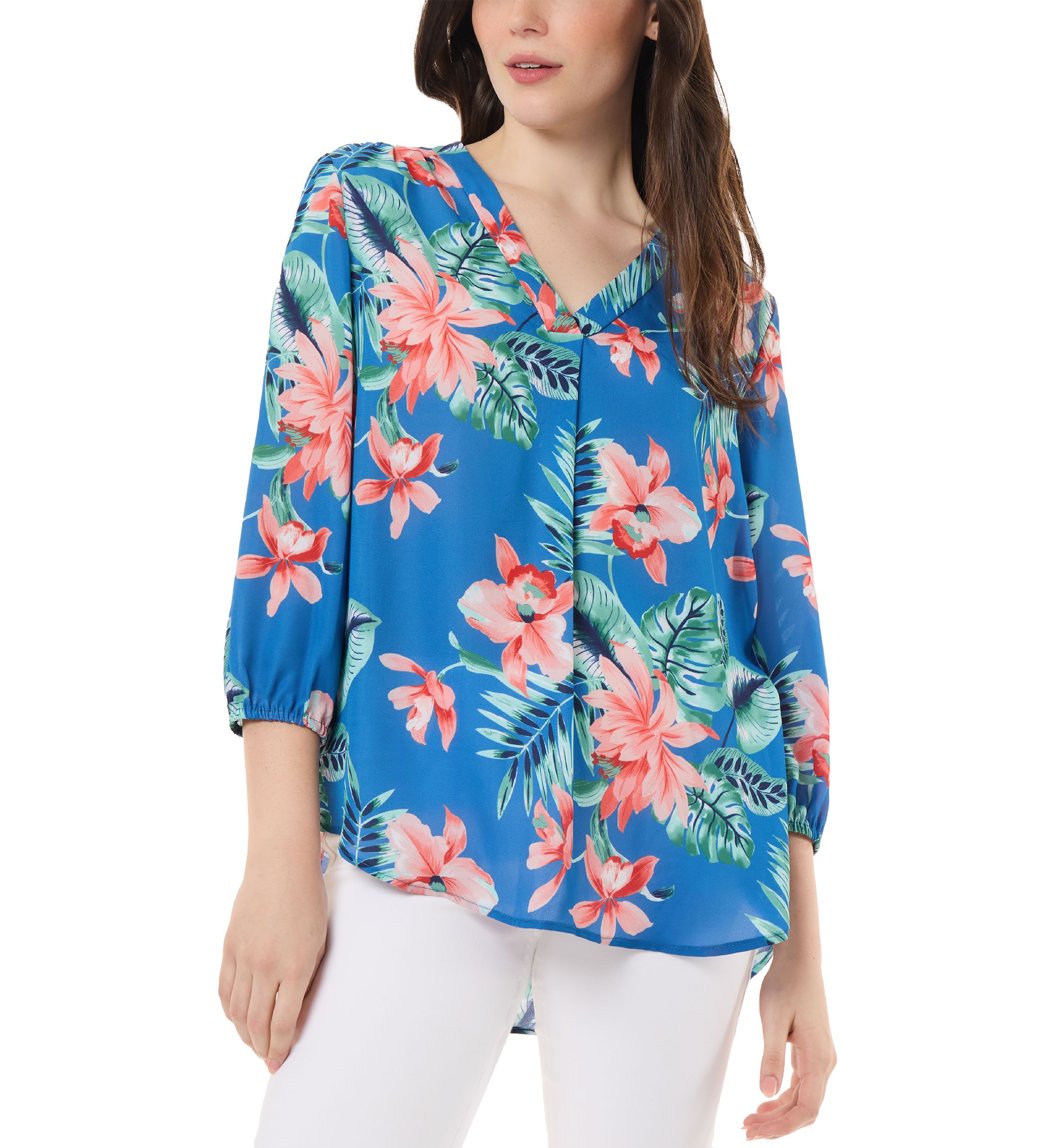 Womens 3/4 Sleeve Printed V-Neck Blouse