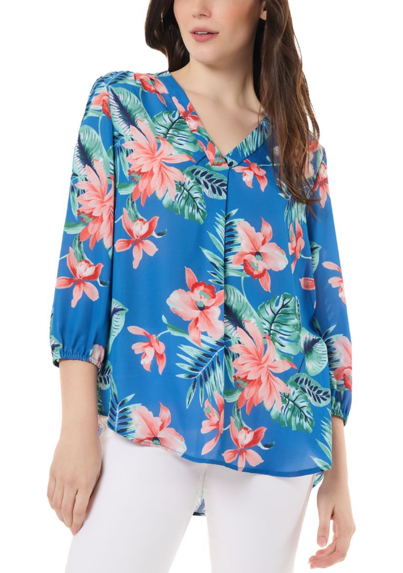 Womens 3/4 Sleeve Printed V-Neck Blouse