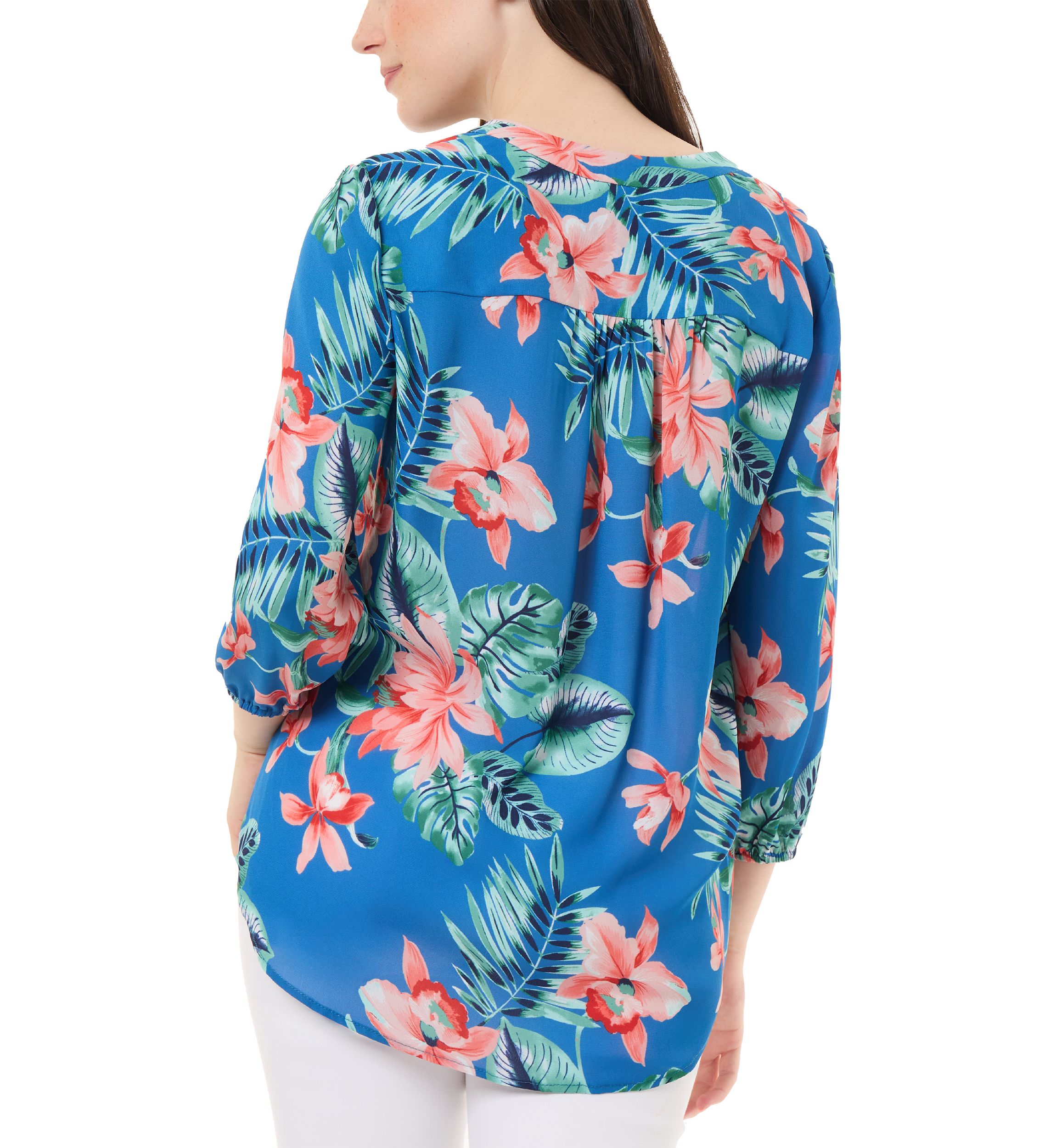 Womens 3/4 Sleeve Printed V-Neck Blouse