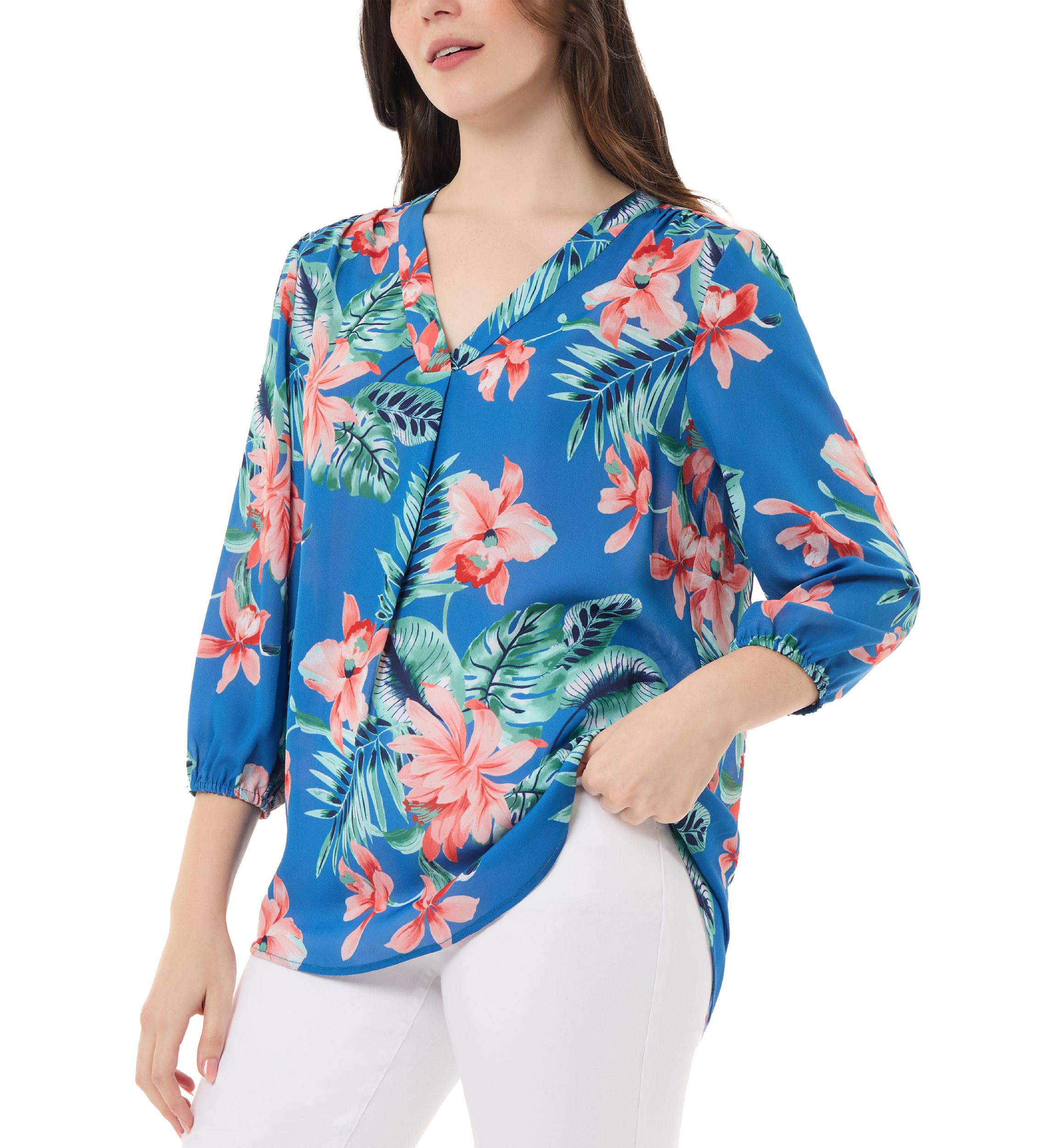 Womens 3/4 Sleeve Printed V-Neck Blouse