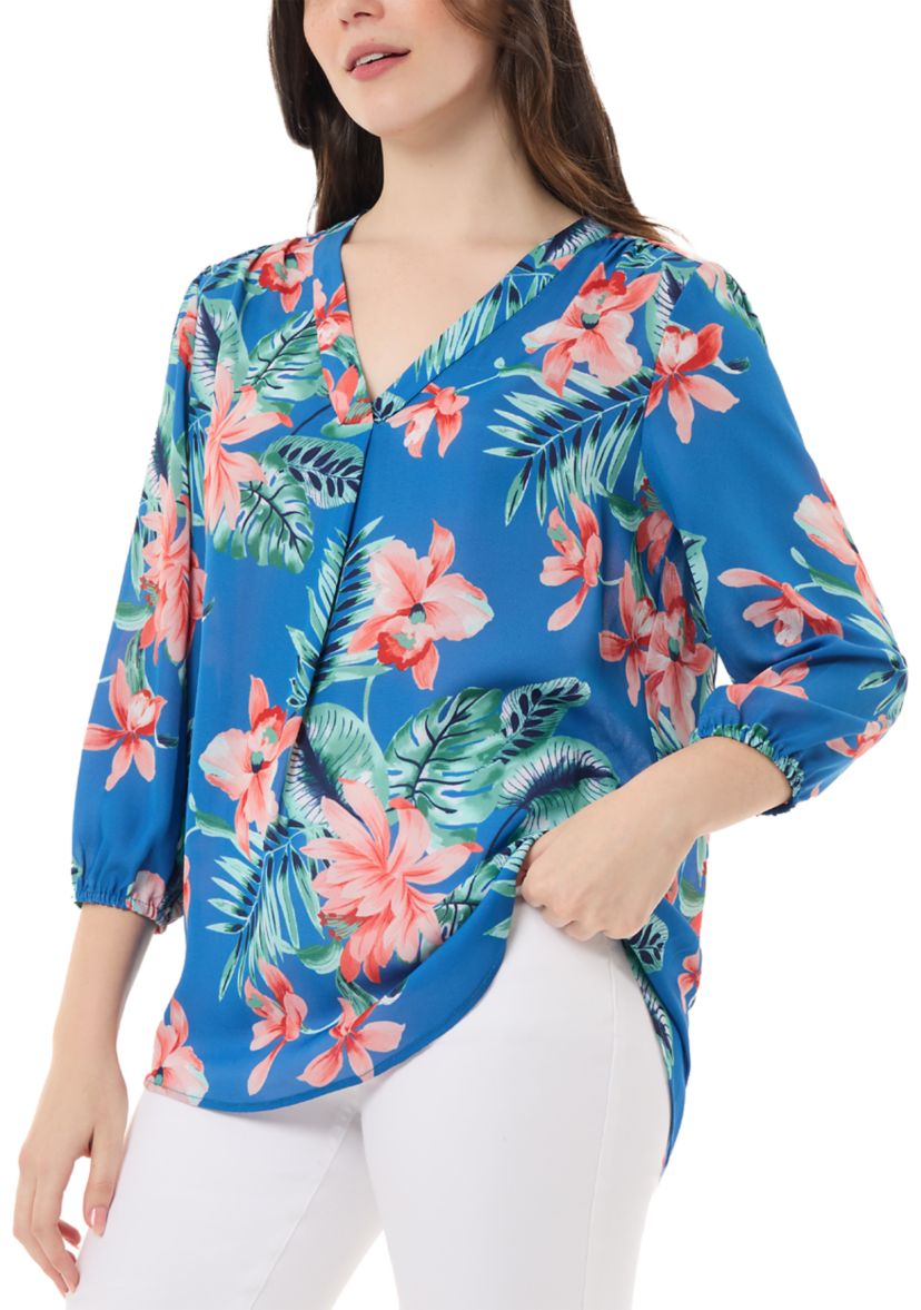 Womens 3/4 Sleeve Printed V-Neck Blouse