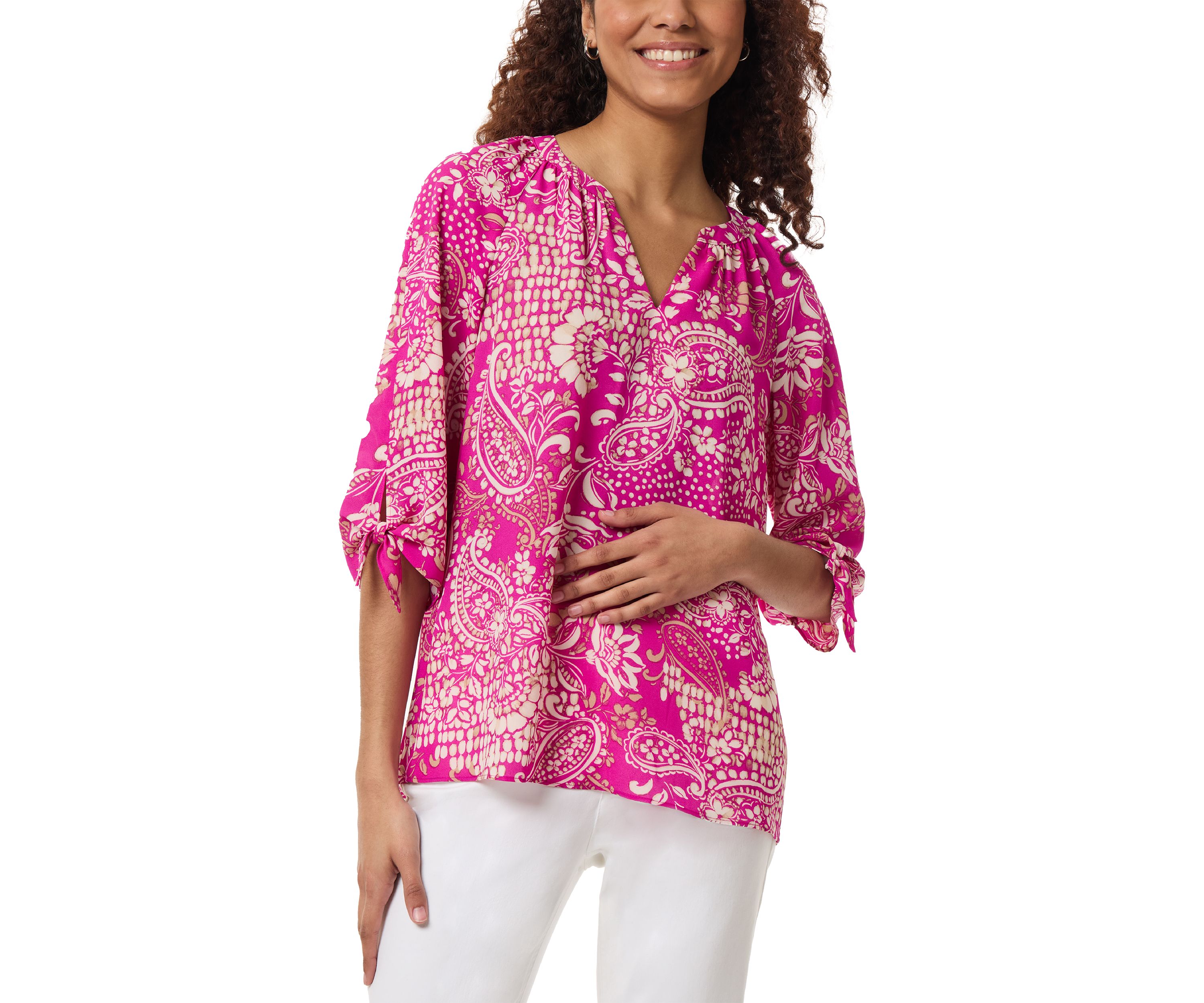Petite Elbow Length Sleeve Closed Slit Tie Raglan Blouse