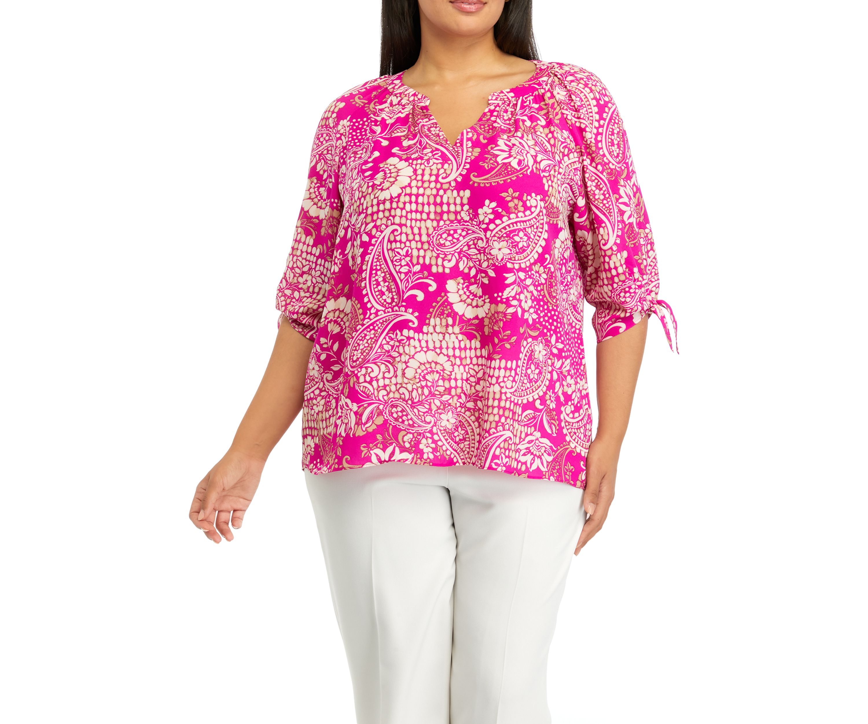 Plus Size Printed Tie Sleeve Blouse