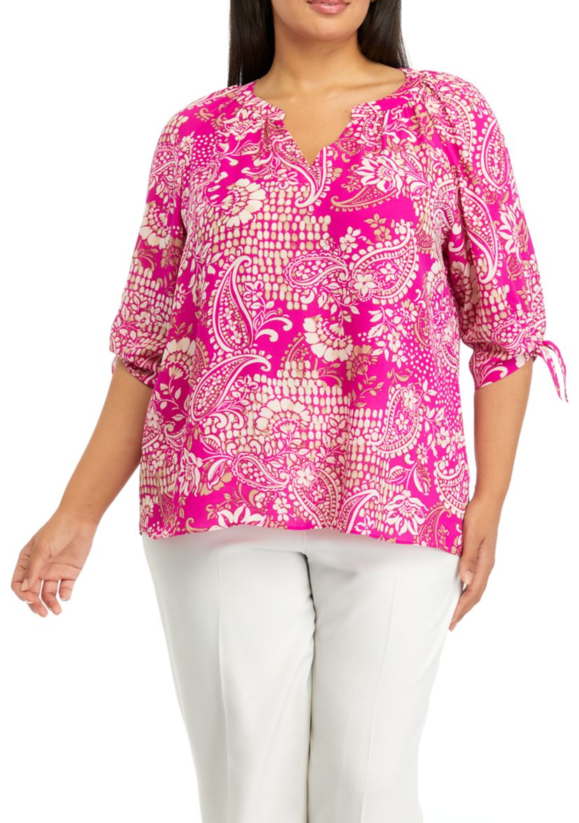 Plus Size Printed Tie Sleeve Blouse