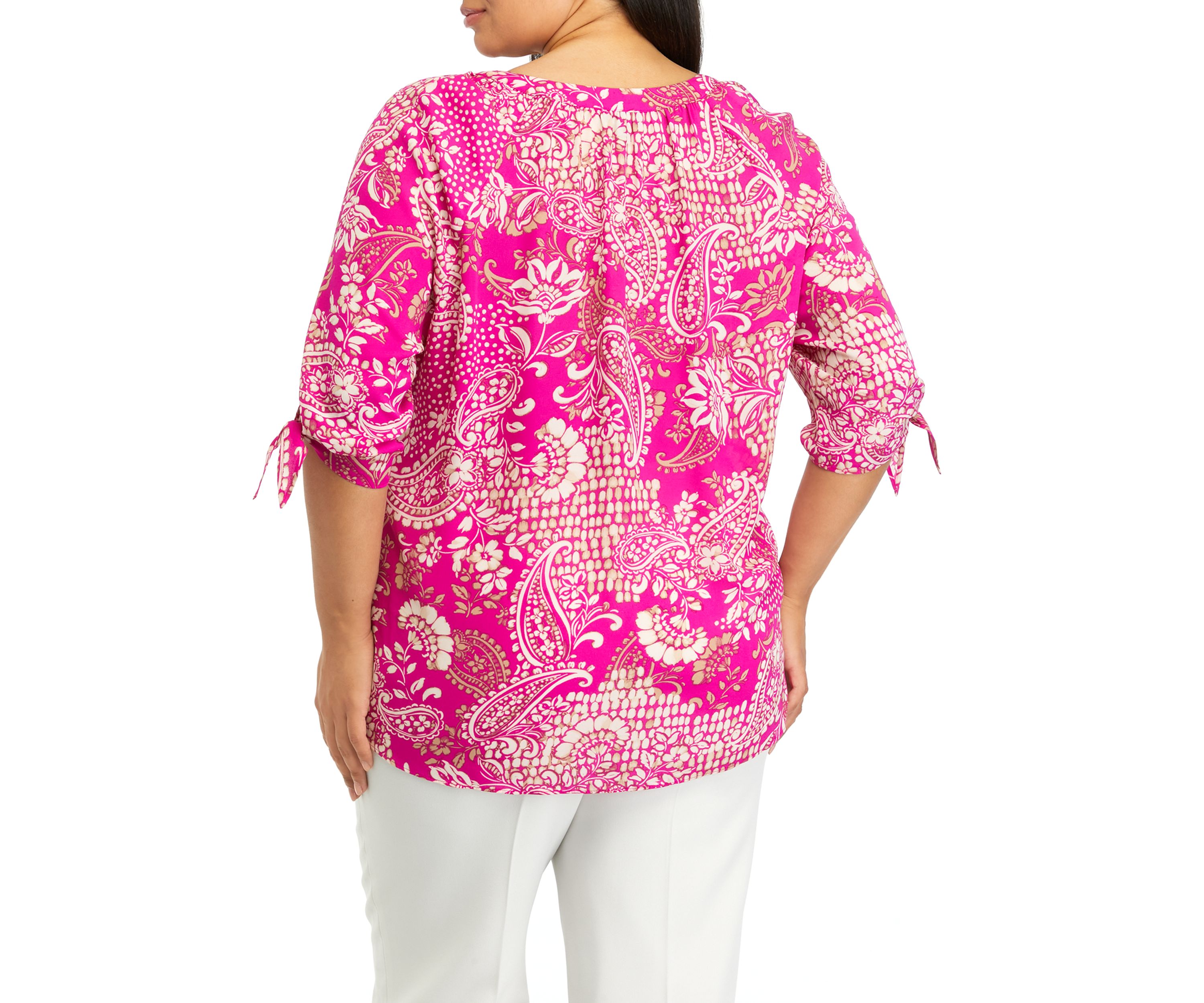 Plus Size Printed Tie Sleeve Blouse