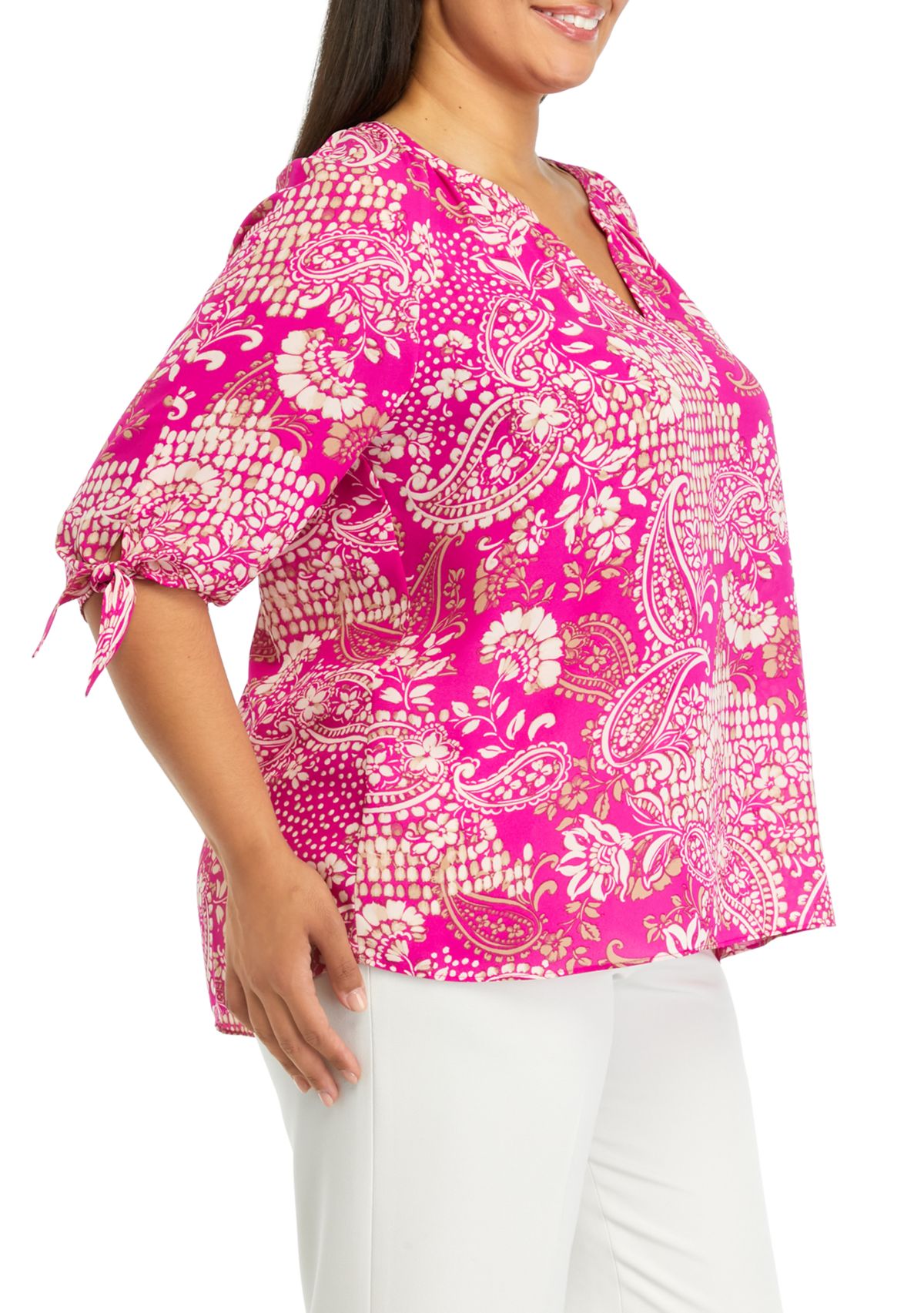 Plus Size Printed Tie Sleeve Blouse