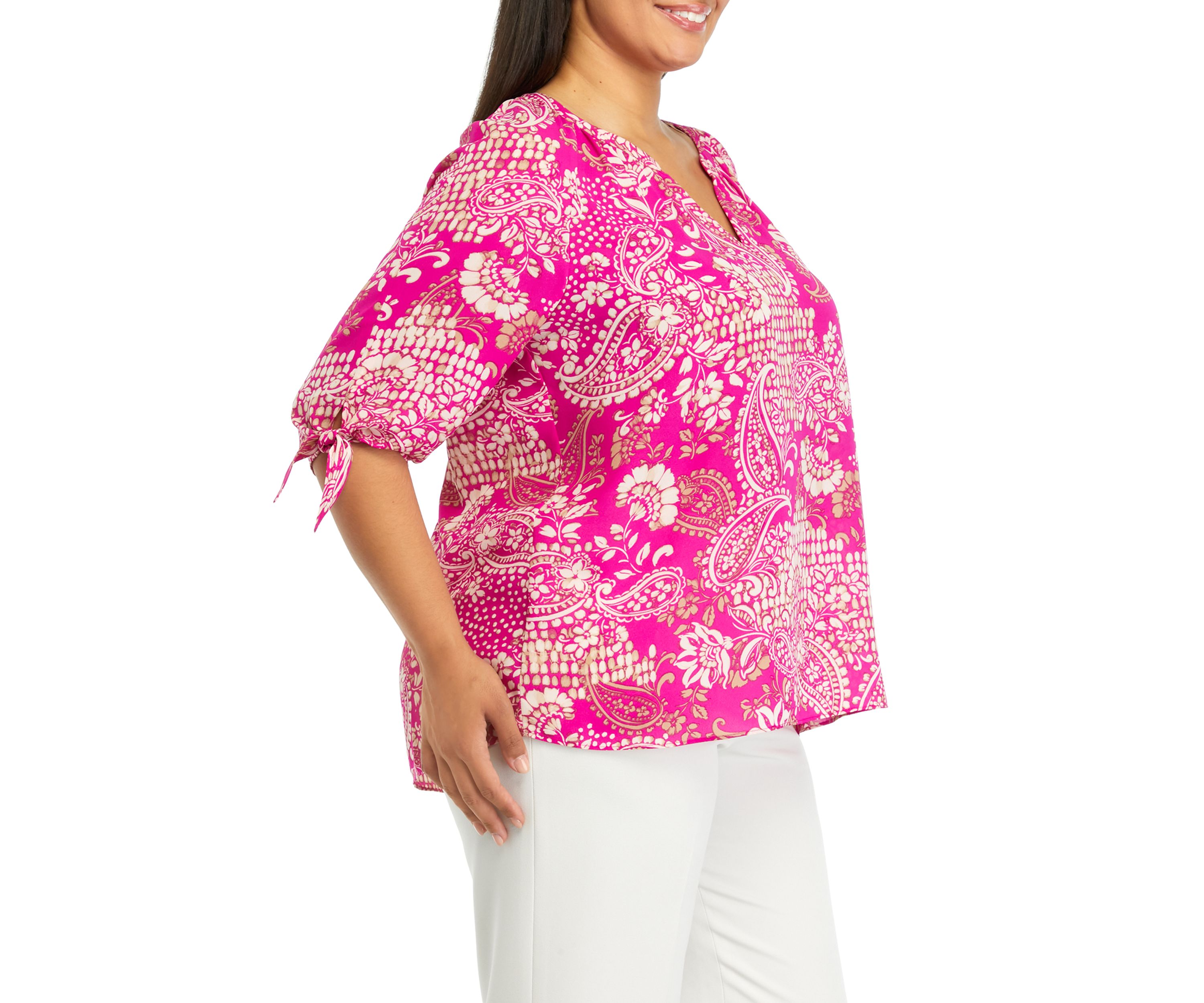 Plus Size Printed Tie Sleeve Blouse