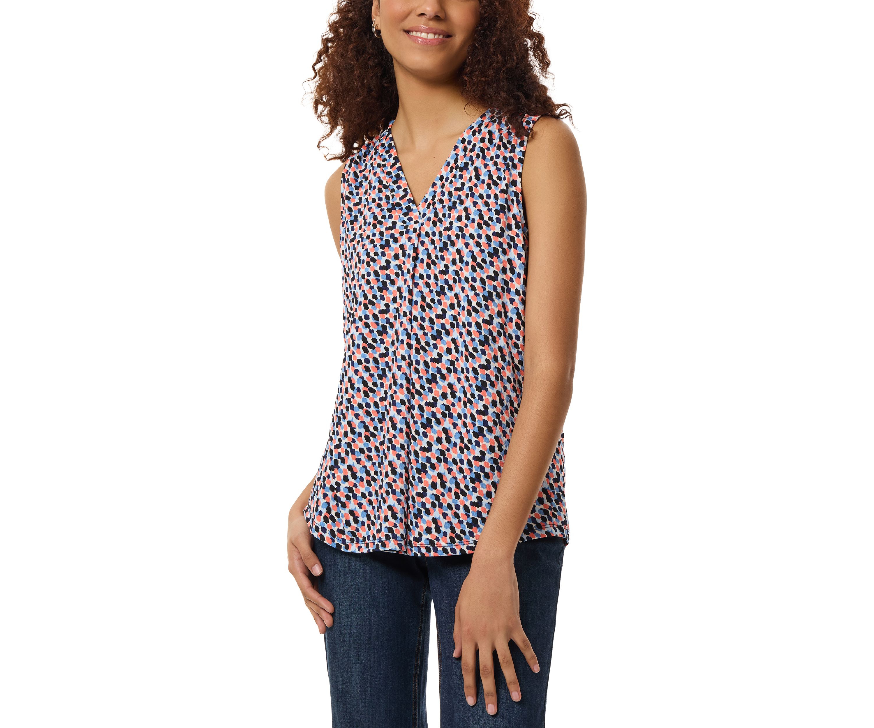 Petite Printed Moss Crepe Sleeveless V-Neck Pleat Front Shell Tank