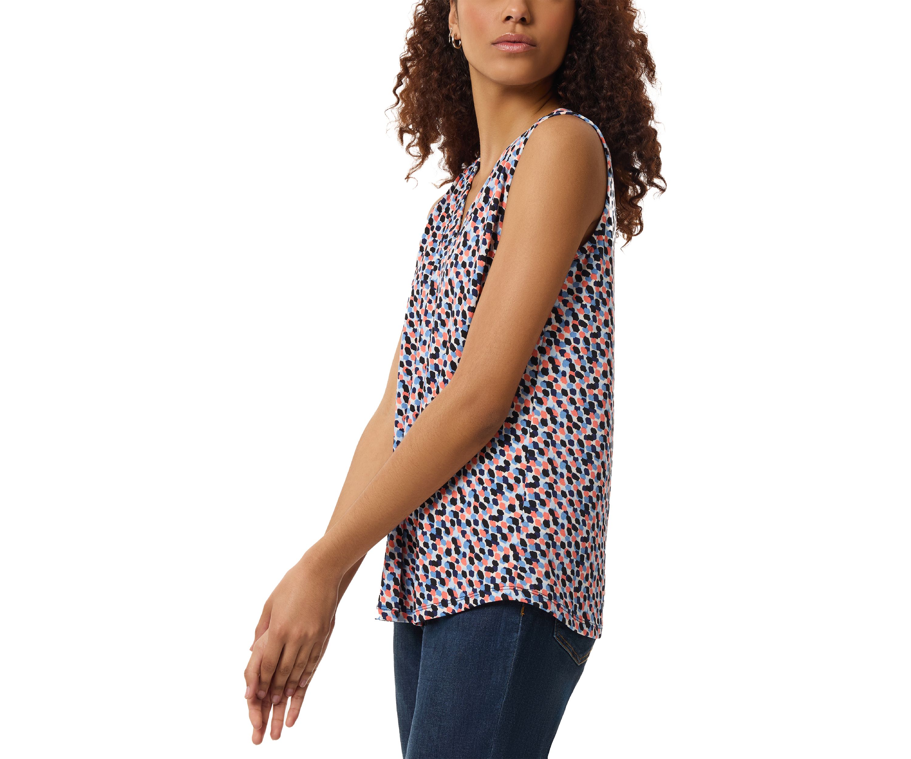 Petite Printed Moss Crepe Sleeveless V-Neck Pleat Front Shell Tank
