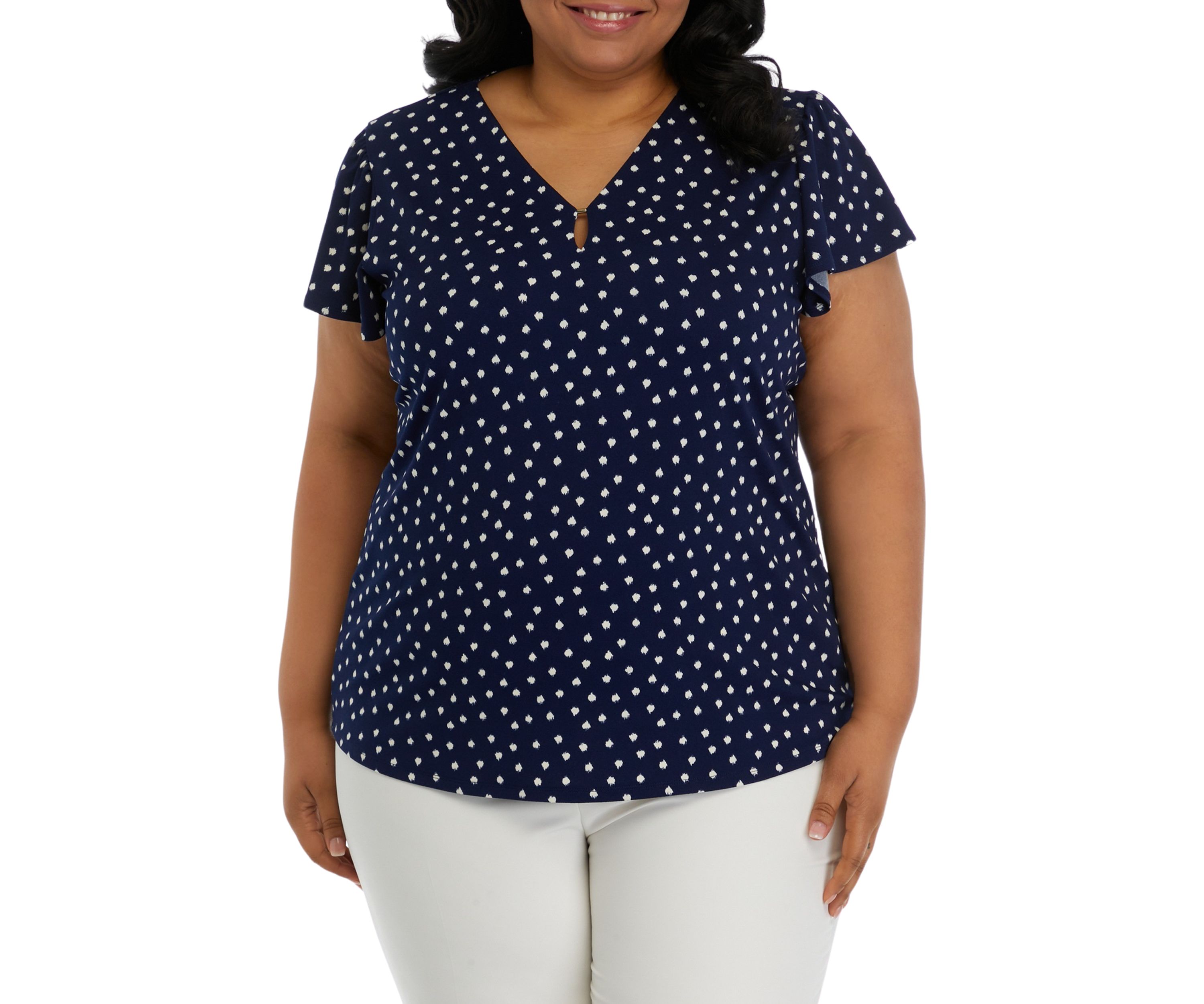 Plus Size Printed Moss Crepe V-Neck Flutter Sleeve Top 