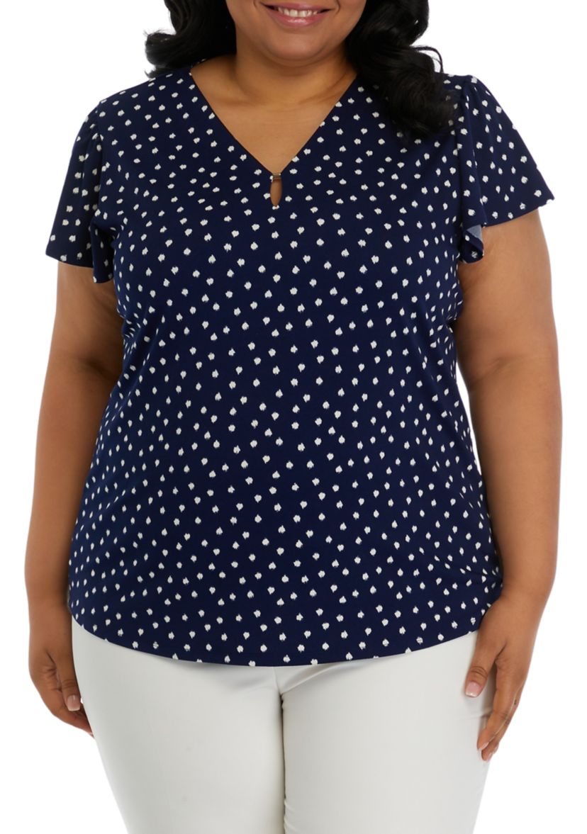 Plus Size Printed Moss Crepe V-Neck Flutter Sleeve Top 