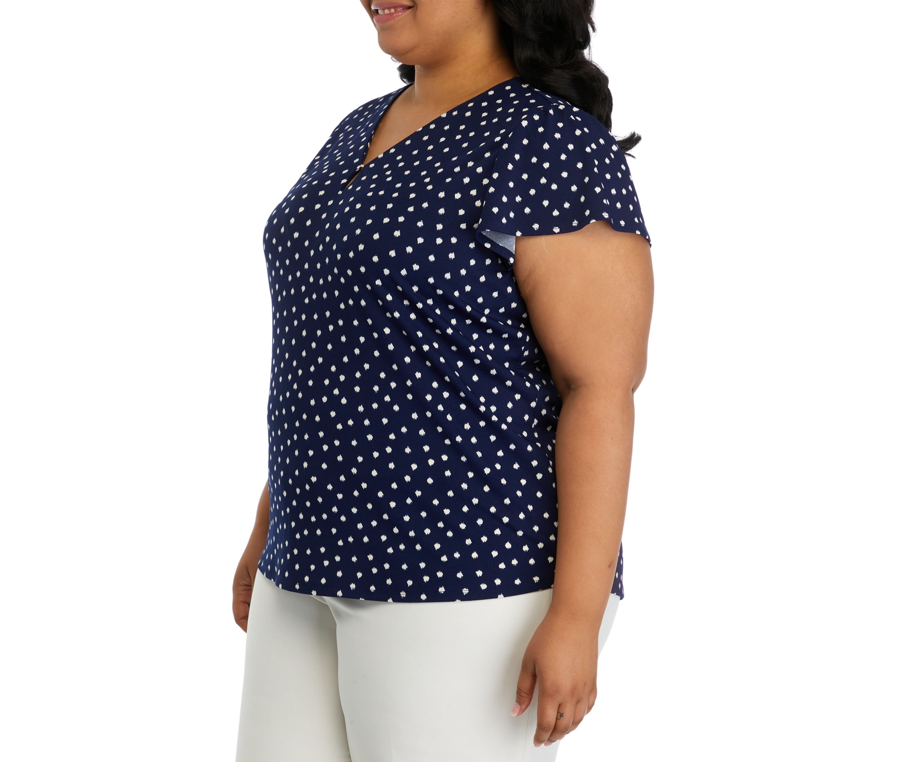 Plus Size Printed Moss Crepe V-Neck Flutter Sleeve Top 