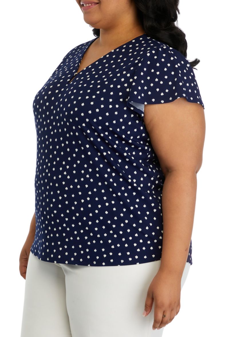 Plus Size Printed Moss Crepe V-Neck Flutter Sleeve Top 