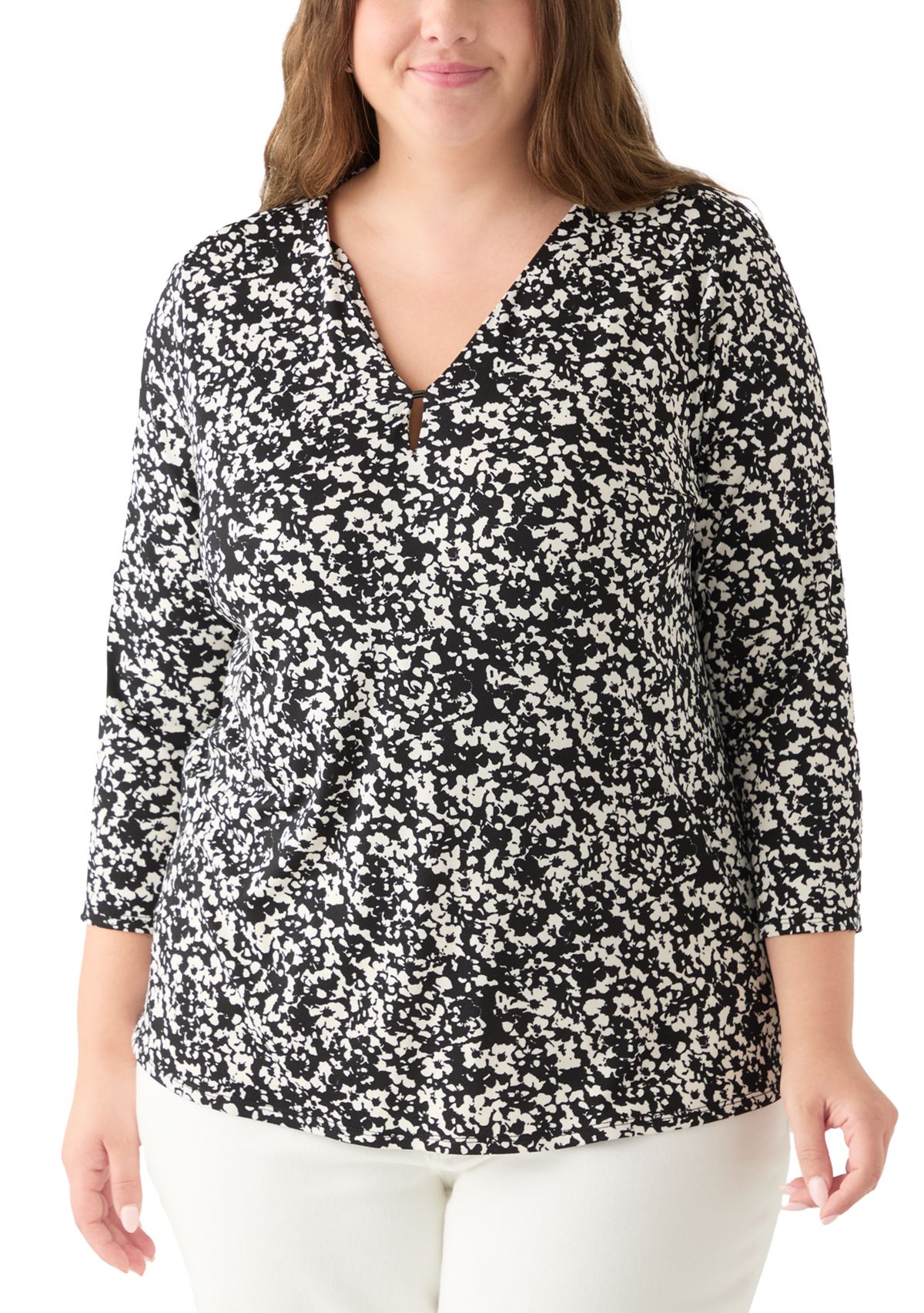 Plus Size Printed Moss Crepe 3/4 Sleeve V-Neck Top with Tube Trim